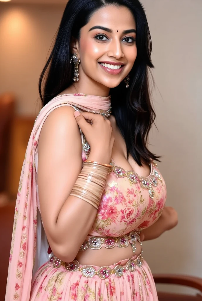 A full standing tall beautiful mature Indian woman wearing Embracing belly and waist chains , age 40-45, with light brown skin, long black hair in a braid, big round breasts 36D, a traditional smiling expression,  and a perfect fit body with curved hips and round 37, tight big  36DD. She is wearing a Silver and pink lehnga that falls below her navel, also wearing a beautiful waist chain , a strapless top, and a transparent dupatta. She has a red bindi, red sindur, a mangalsutra, a nose ring, and bangles. Her hands are raised over her head, revealing her hairy armpits, and her navel is visible. (best quality,4k,8k,highres,masterpiece:1.2),ultra-detailed,(realistic,photorealistic,photo-realistic:1.37),extremely detailed eyes and face,longeyelashes,HDR,UHD,studio lighting,ultra-fine painting,sharp focus,physically-based rendering,extreme detail description,professional,vivid colors,bokeh,portraits