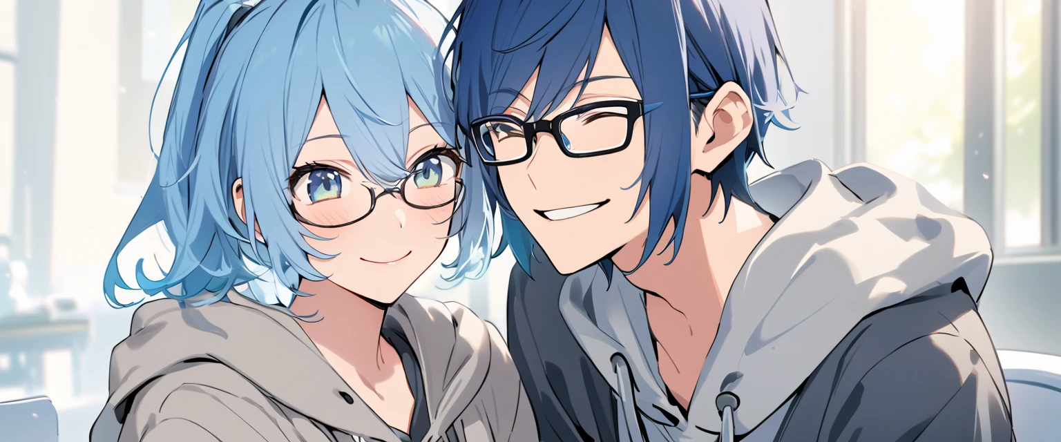  male student、One person、Bedhead、 Light Blue Hair、smile、 HD、Glasses、grey hoodie
schoolgirls、One person、 Side Pony、 blue hair、 sweater 、smile、 HD、Glasses