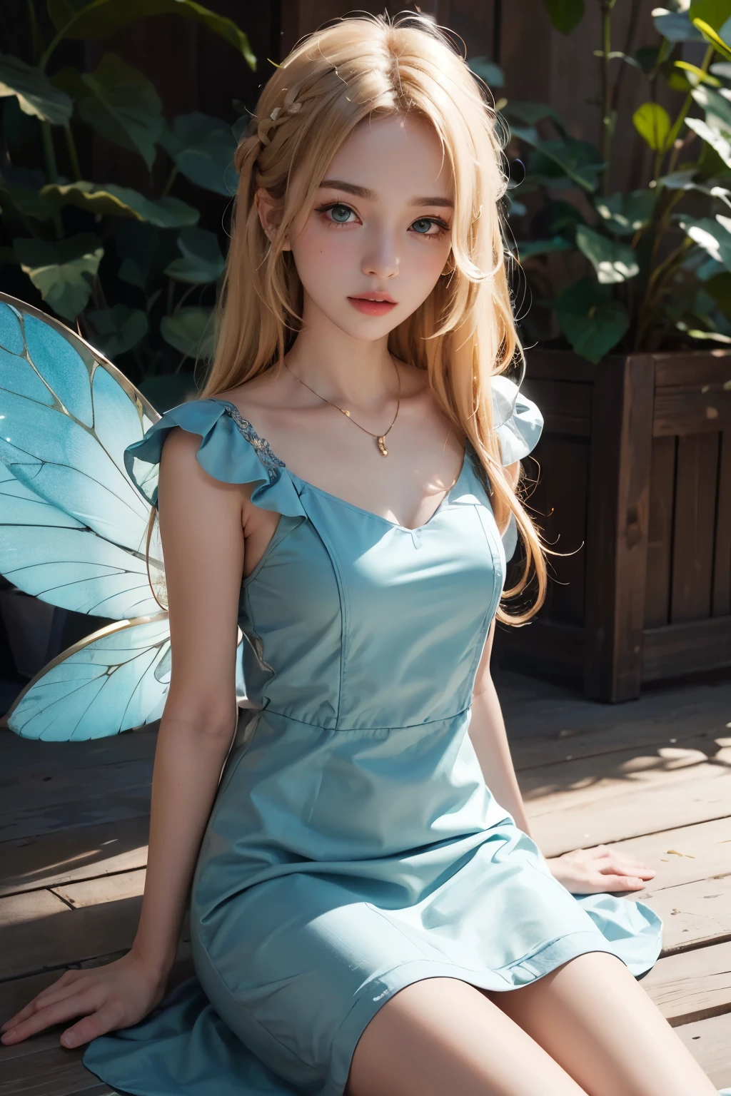 "((masterpiece level,The highest image quality)), hight resolution,Fairy air flutters,Warm background,Flower Fairy,fairy wings,(Scrub Skin:1.2)"Blonde hair,cropped shoulders,