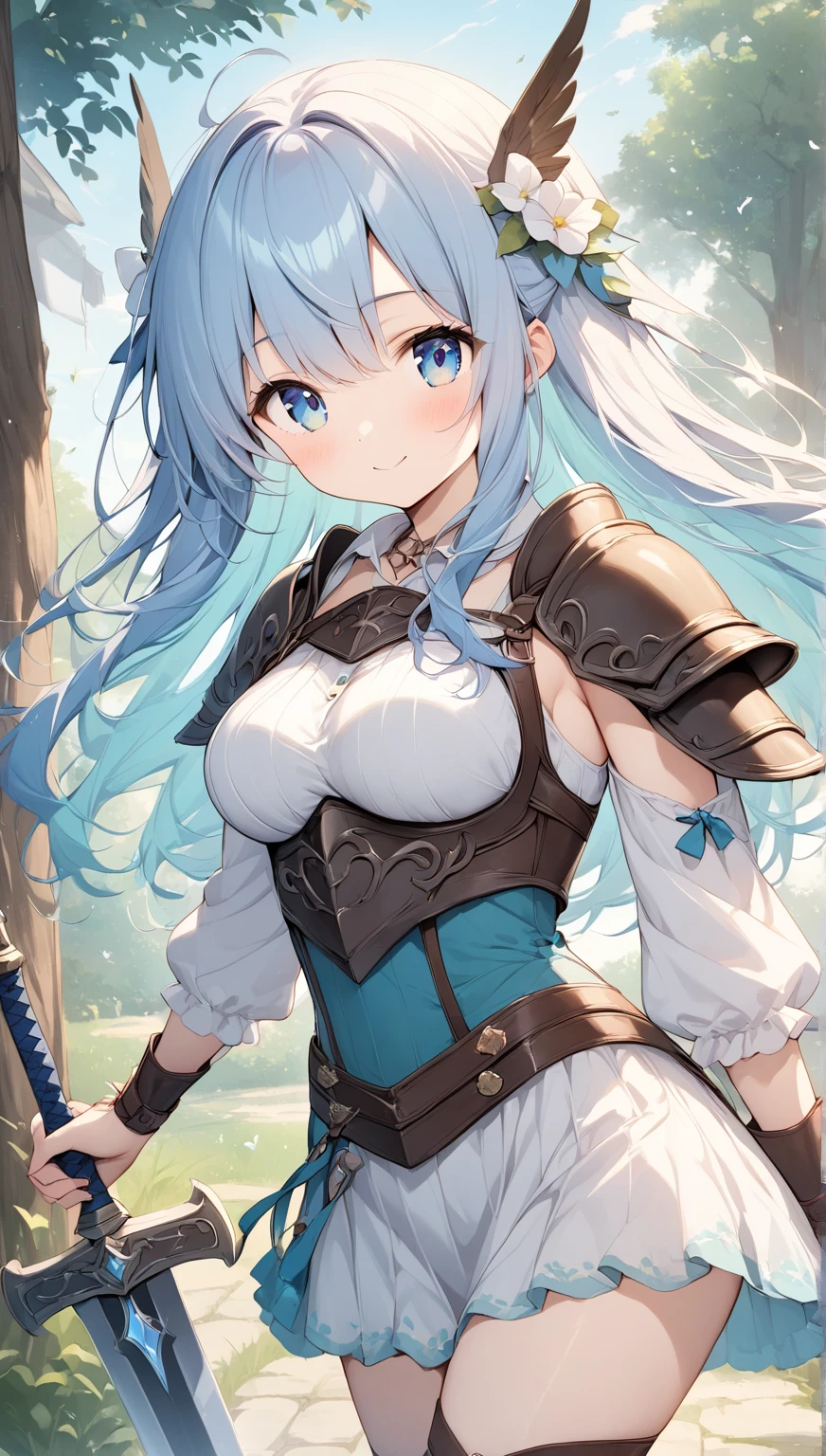 Very delicate and beautiful in 8K, Dynamic Angle, ​masterpiece, top-quality, depth of fields, (femele１a person, Original Characters, Dainty beauty, 22year old, small tits, Slender body, [Dye cheeks], (Beautiful glowing skin, Pretty and beautiful face, detailed facial features, Features of a beautiful body, Feminine body:1.1), Fished eyebrows, Blue eyes, (Detailed beautiful hair, white color hair:1.2), hair between eye, (poneyTail:1.2), Pony Hook Ribbon, Fantasy worldview:1.0), (Bare shoulders, Navel Ejection, Dark blue costume, battle costume, Bust Plate, pleatedskirt, waist side armor, knee boots:1.2), Fantasy worldview:1.0), Standing posture, Walking, in woods, Walking around,