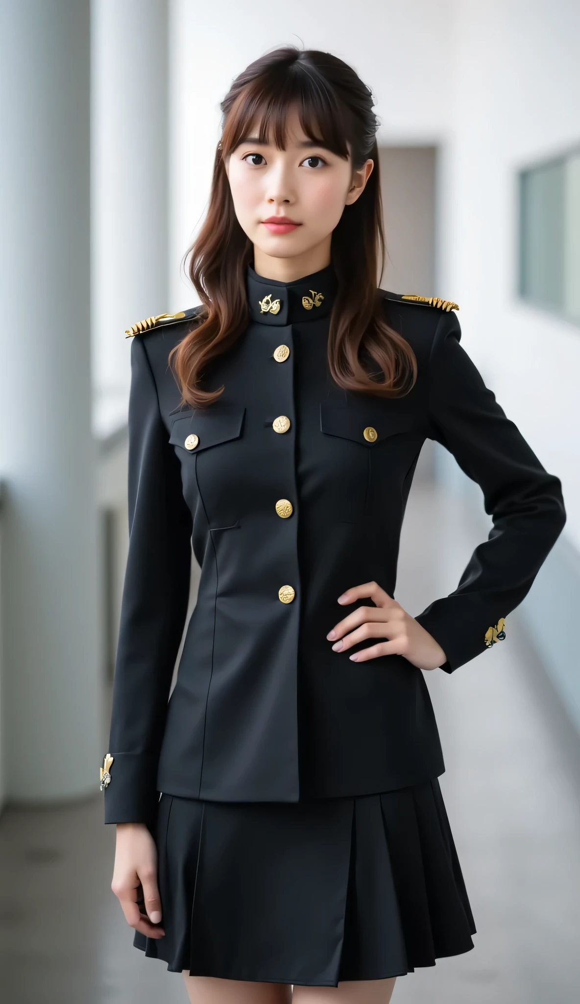  whole body、female、round face、 has big eyes、 bright brown hair 、、Has bangs、 straight long、Curly Hair、Black military uniform、commander、 skirt 、 High Quality , 