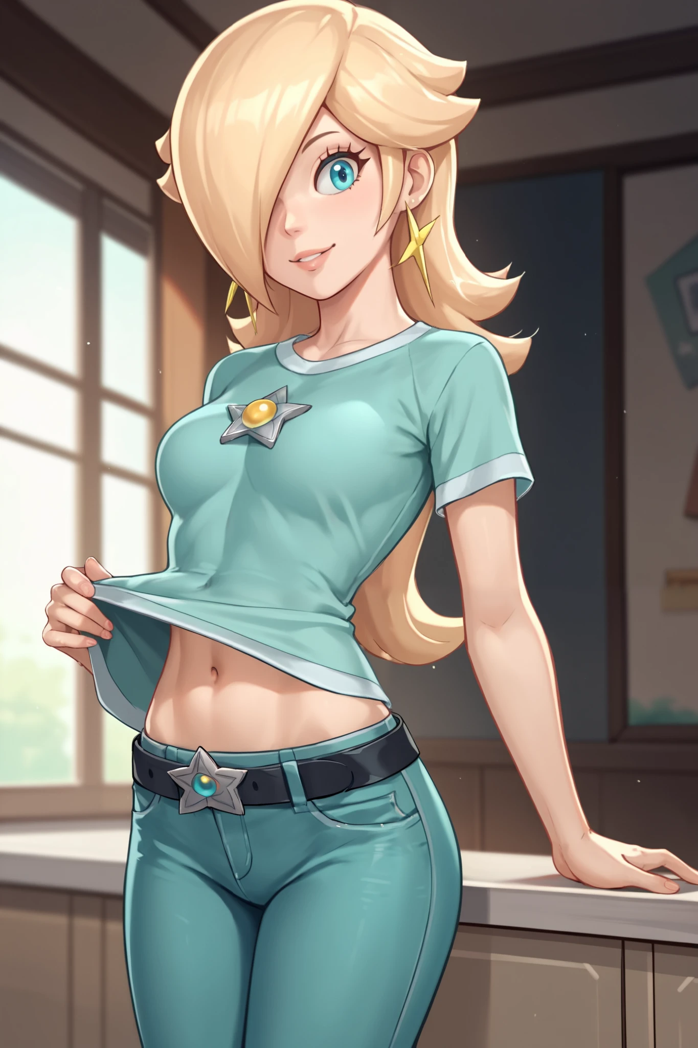 score_9, score_8_up, score_7_up, source_anime, rosalina, blonde hair, blue eyes, hair over one eye, long hair, star earrings, solo, cowboy shot, black t-shirt, taut clothes, tight shirt, midriff, navel, jeans, black belt, smile, tugging own shirt