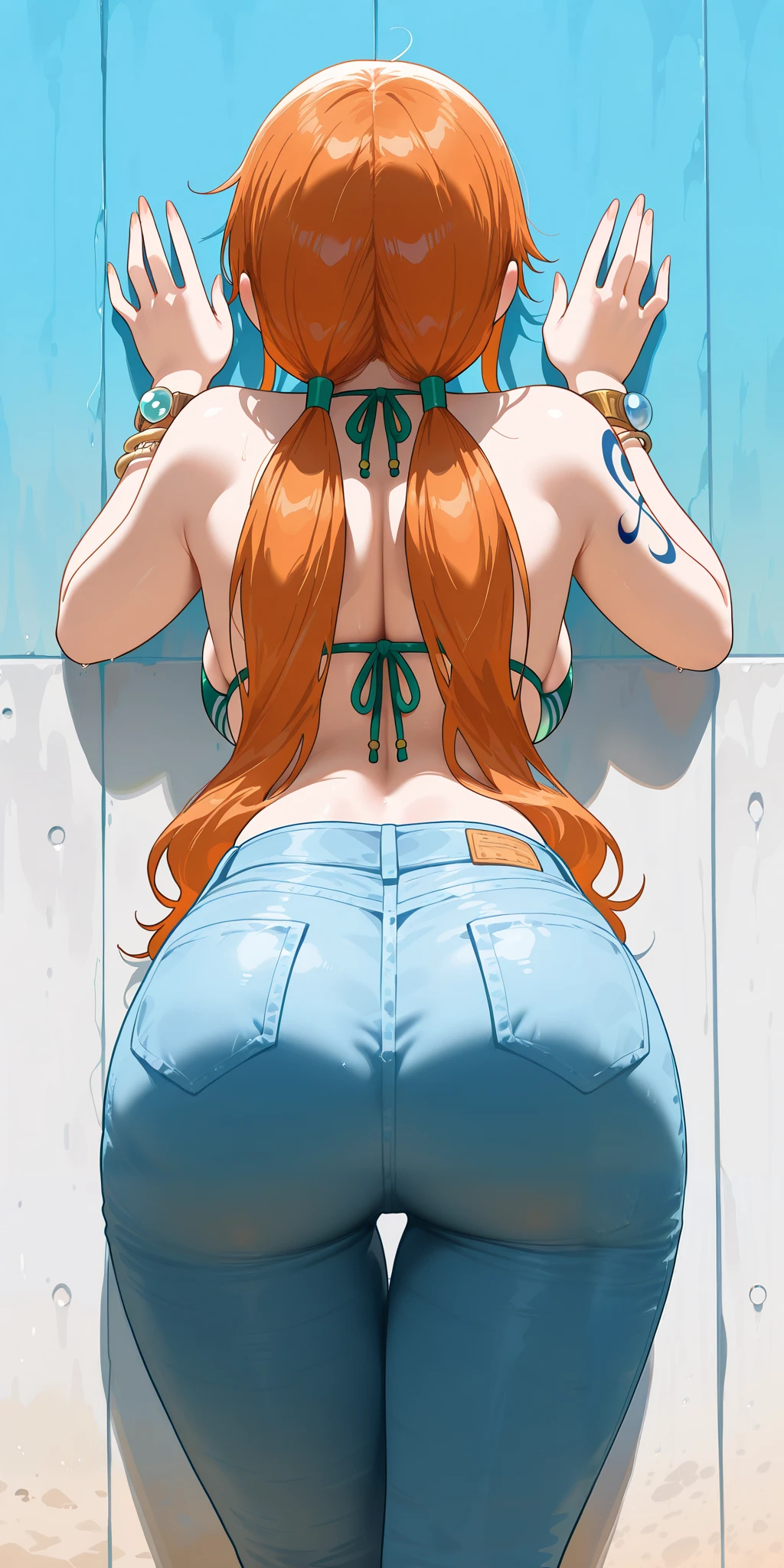 masterpiece, best quality, amazing quality,
1girl, Nami, one piece, orange hair, long hair, low twintail, swimsuit, bikini, pants, bracelet, denim, bikini top only, jeans, behind view, cowboy shot, standing, bend over, hands on wall