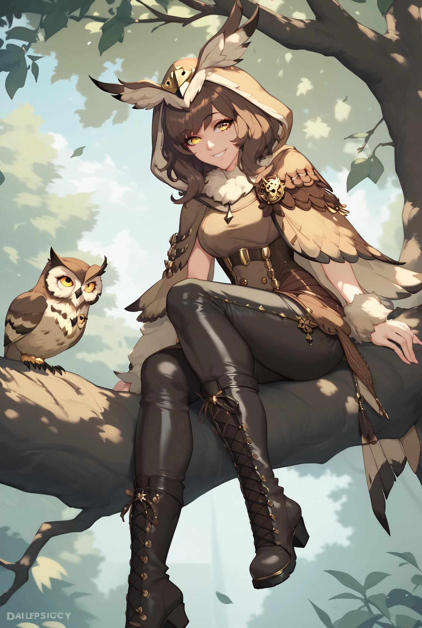 1Girl, Brown shirt, leather boots and leather trousers, dream catcher on the neck, dark Brown hair, golden eyes, owl stylized cloack with hood, sitting on the branch of the tree, Smile, High Resolution, Masterpiece, Anatomically Correct, Best Quality, Brown Hair, Medium Hair, Owl girl