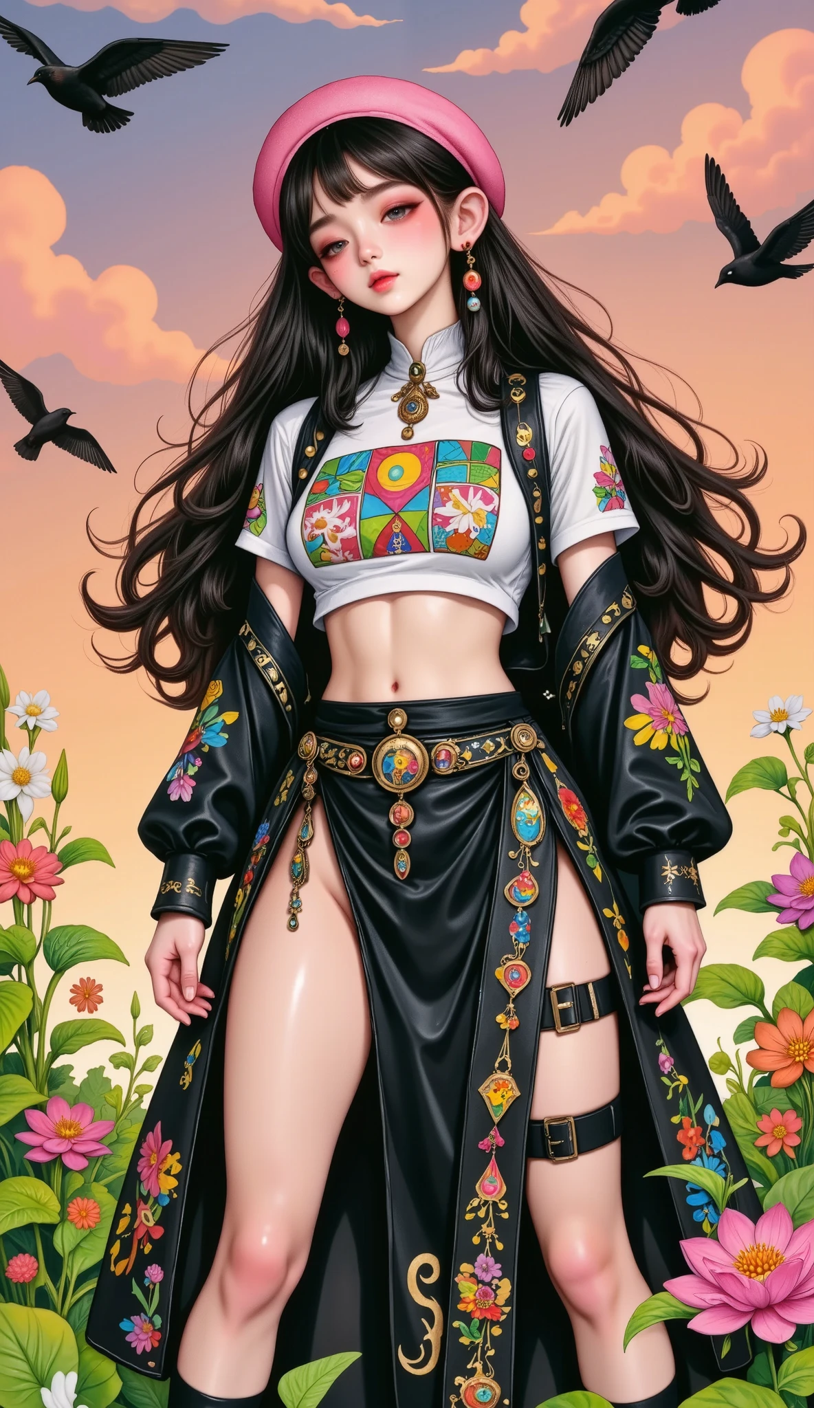 A beautiful young Korean woman .
black hair, big, long to the feet , fluttering, fringe covering the eyes .
yellow eyes, cat's eye style , expressive, incandescent.
full lips .
small breasts , sharp, cone shape .
long thin legs .
fine winding.
defined belly .
orgasm expression.
confrontation.
Dressing:
Shirt tied around the belly , Short, tight, white, showing the silhouette of the breasts , printed symbols .
long skirt, semi-transparent, gypsy style.
Pink beret .
Sandalha cor white.
she is dancing.
In the background a flowery garden , with birds flying, a dark sunset and degrade.