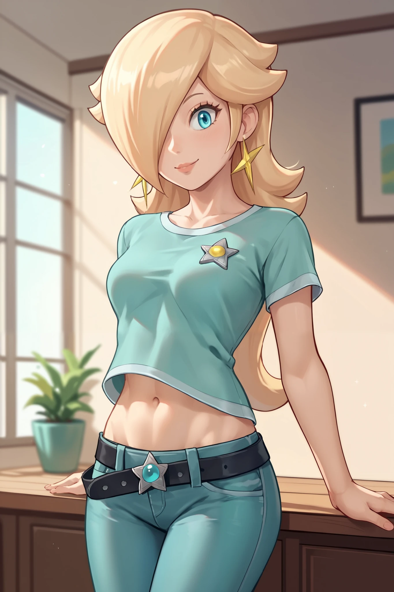 score_9, score_8_up, score_7_up, source_anime, rosalina, blonde hair, blue eyes, hair over one eye, long hair, star earrings, solo, cowboy shot, black t-shirt, taut clothes, tight shirt, midriff, navel, jeans, black belt, smile, tugging own shirt