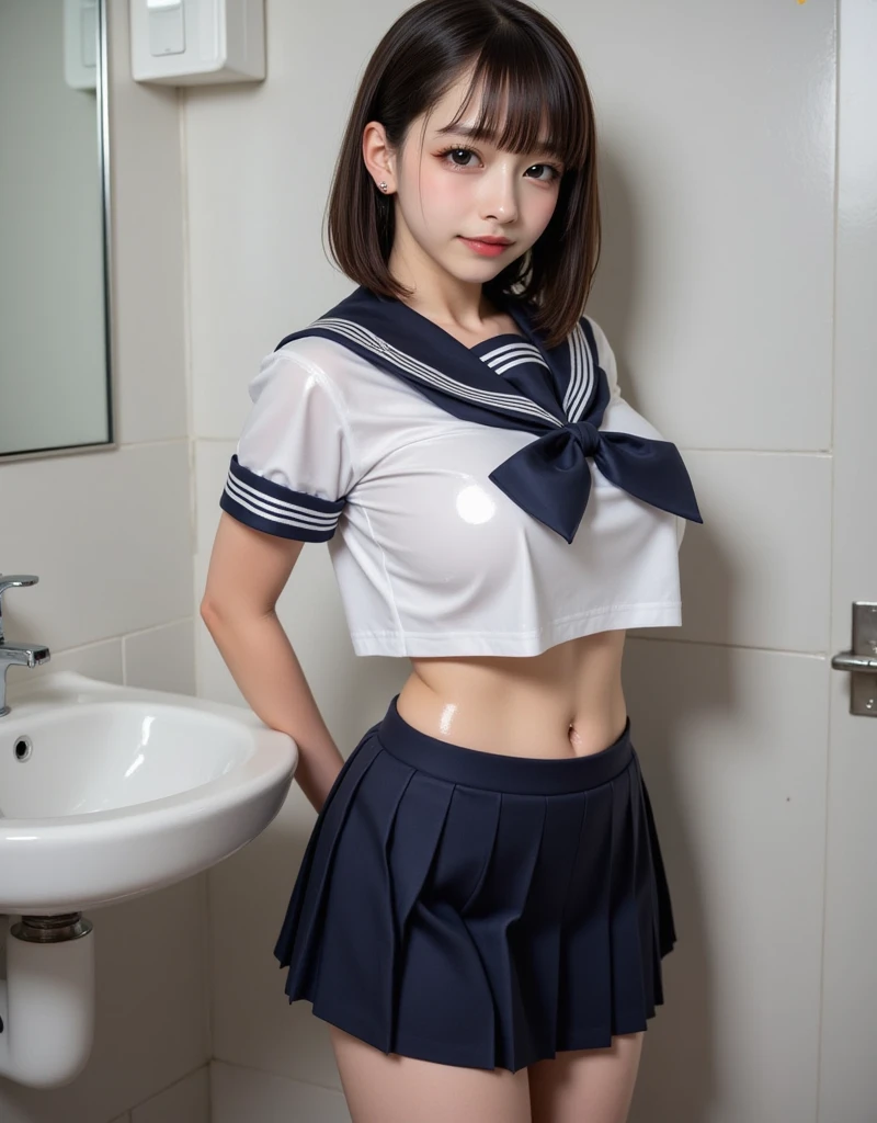 top-quality、​masterpiece、Photorealsitic:1.5、Beautiful high school girl who is a Japanese gravure model、18year old、Schoolgirl Uniform、skinny、((Medium Boob、underboob))、(Visible lower milk、Uniform with visible ribs and navel)、open one's legs 、skinny、looking at the viewers、school classrooms、ssmile、