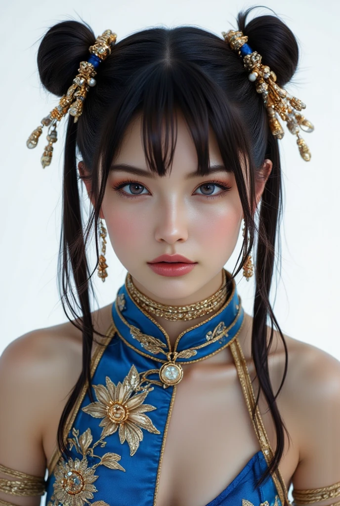 A stunning 8K RAW image captures a mesmerizing 近い-up of a ((Bondage))、((Hanging by a rope:1.3))、((Tied up:1.3)), Chun-Li from Street Fight II,perfect chun li costume,Blue cheongsam with gold lines,Bun head,bun cover,fighting pose,masterpiece、1 beautiful girl、fine eyes、puffy eyes、highest quality, 超High resolution, (reality: 1.4), movie lighting、Japanese、 Asian Beauty 、Korean、super beautiful、beautiful skin、body facing forward、close up of face、( super realistic)、(High resolution)、(8k)、(very detailed)、(Beautifully Fine Eyes)、(Super detailed)、 (wall-)、detailed face、bright lighting、 1girl , twin tails, purple hair, purple eyes, china dress, bedroom, gigantic breasts, arms behind back, shiny smile, nipples,Confident against a pure white background々Vibrant studio portrait of an attractive female model standing on. The soft studio lighting illuminates her shiny hair., Highlight her diamond-like eyes. Her enchanting black twin tails、Frames her breathtakingly large breasts、Adorned with shiny metallic accents、The style is larger than life.。.  A bright pleated dress in sparkling winter hues swirls around her , Attracts focus : Her shining oversized bust.