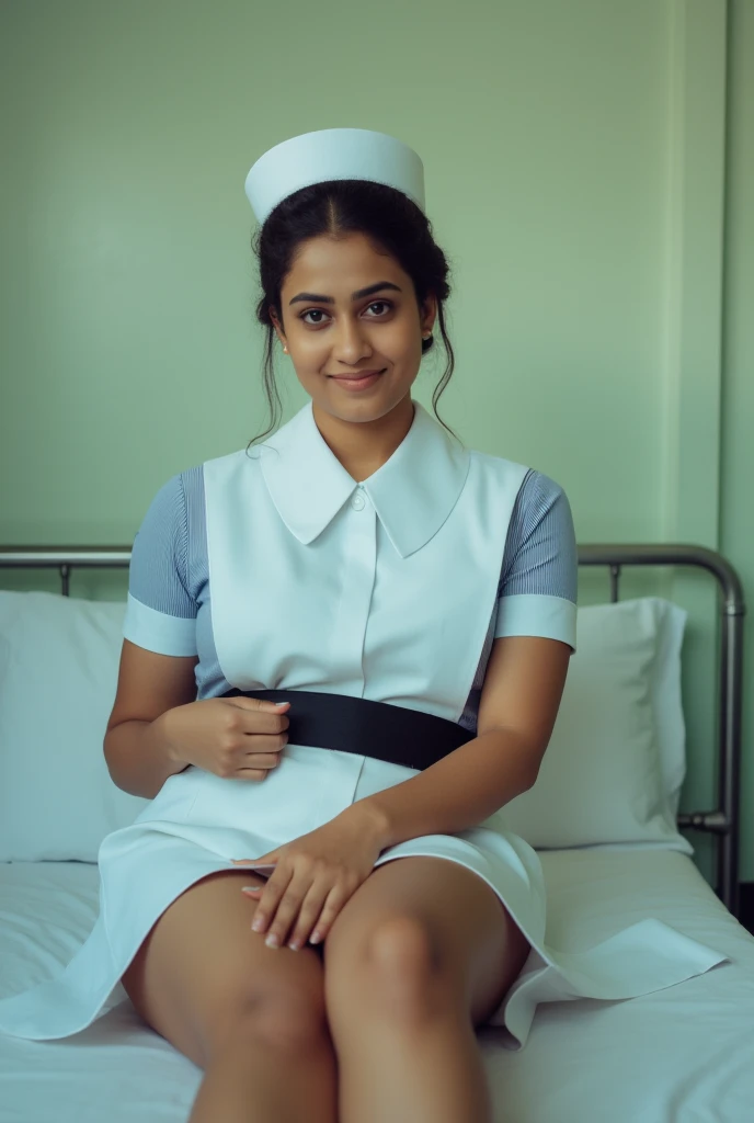 photo of a Sri Lankan 25 years old nurse, wearing nurse cap, nurse uniform, white above knee skirt, white socks, white nurse shoes, classic bun short hair, black strip in waist, big breast, cinematic lighting, smiling face, lying on a bed in sri lankan hospital rest room, legs apart, one hand on breasr, upskirt, seductive gaze 4k, photorealistic, detailed, tan color sweaty skin.