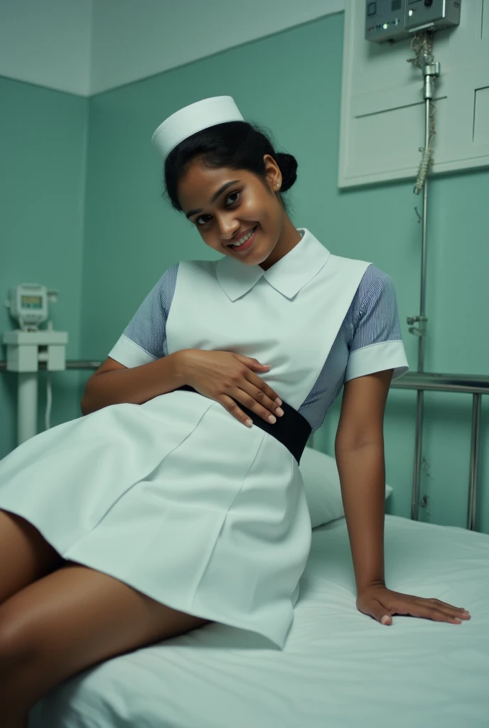 photo of a Sri Lankan 25 years old nurse, wearing nurse cap, nurse uniform, white above knee skirt, white socks, white nurse shoes, classic bun short hair, black strip in waist, big breast, cinematic lighting, smiling face, lying on a bed in sri lankan hospital rest room, legs apart, one hand on breasr, upskirt, seductive gaze 4k, photorealistic, detailed, tan color sweaty skin.