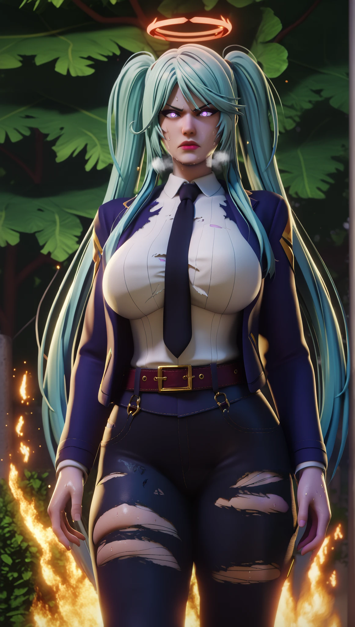 Score_9, Score_8_up, Score_7_up, bouqtm, epsilon, long hair, twintails, blue hair, purple eyes, sidelocks, red lips, (skindentation:1.2), BREAK glow effects, godrays, Hand drawn, render, 8k, octane render, cinema 4d, blender, dark, atmospheric 4k ultra detailed, cinematic, Sharp focus, big depth of field, Masterpiece, colors, 3d octane render, 4k, concept art, trending on artstation, hyperrealistic, Vivid colors, extremely detailed CG unity 8k wallpaper, trending on CGSociety, Intricate, High Detail, dramatic, sweating, exxcesive sweating, sweating drop, ((gasping, heavy breathing:1.3)), makeup, BREAK wings, solo, halo, necktie, fire, pants, shirt, formal, suit, white shirt, 1girl, belt, outdoors, glaring eyes, glowing, jacket, black pants, sky, black necktie, collared shirt, feathered wings, burning, black jacket, long sleeves, closed mouth, angel, blue fire, tree, standing, hollow eyes, glow effect, large breasts, bright pupils, torn clothes, thick lips, 