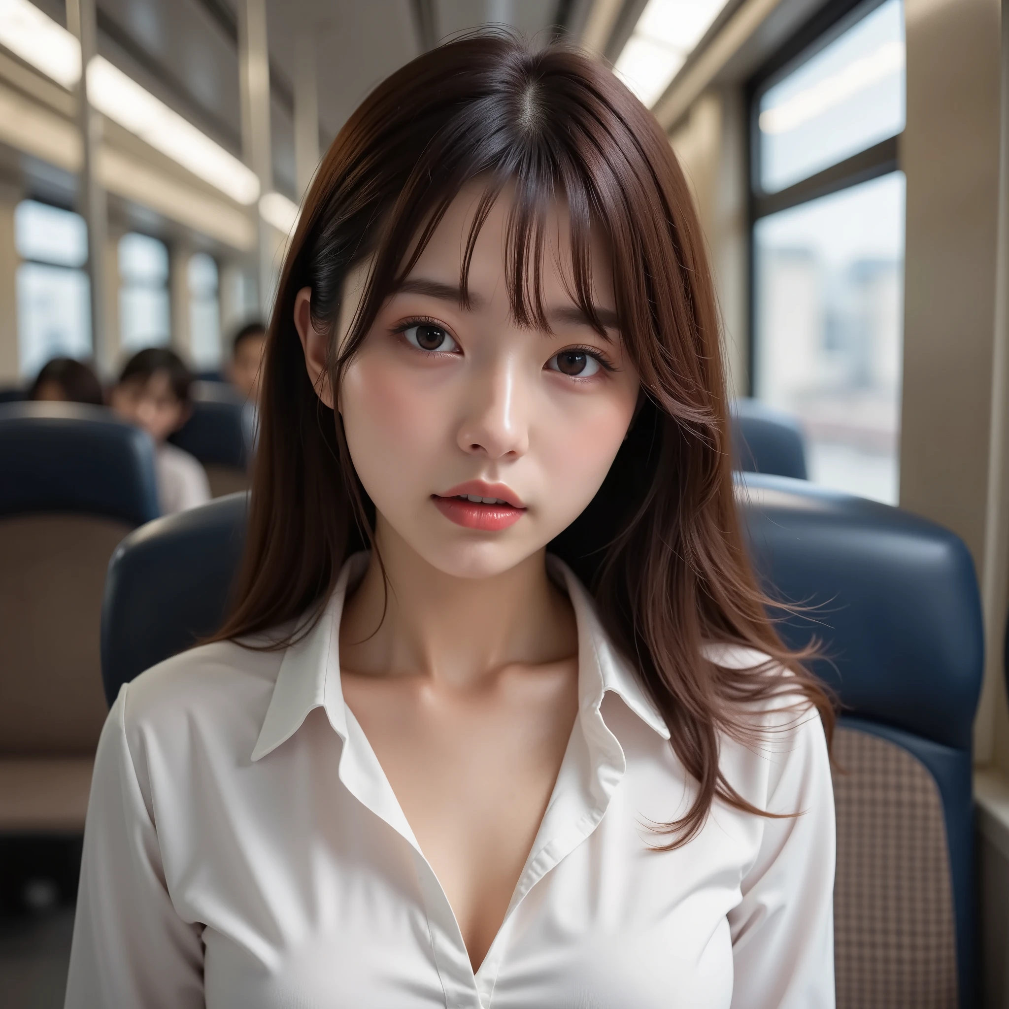   beautiful brown-haired woman  , Commuter trains in Japan,Crowded car interior,  wide-breasted white shirt  , ((  The expression of resting your back and leaning back and screaming at its peak)) ,   Sharp Focus with Eyes Closed   , (   8K ultra HD :0.8),   more details,   RAW amateur photo  ,(( face close-up while changing clothes)),Frowning, Irritated, frown, Mouth wide open ,Panting face, it is there ,Chest,  neck , and face shining wet with sweat ,Coordinating Your Chest to SEXY ,  Beautiful Actress Scandals, lean against the back of a chair,  leaning back from outside  , during  sexual activity, sex,seat, 胸元はsweatだくで、Décolletage , sweaty,( Wet Filter) climax face ,((length, Narrow nostrils,  chiseled face ,Greek Nose,Realistic nostrils)),((sweat, oily skin))  face and body wet with water  , sexハードオーガズムの女性の顔をランダムで表現して, hyperrealistic detail、 glowing skin