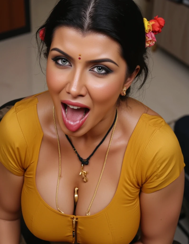 Pov camer view, romi on knees, looking at camera, blue eyes, with lust in her eyes, tongue  out from mouth,blonde hair tied around, flowers in head, mangalsutra in neck, black saree, red lips, black eyeliners, eyelashes, noserings, sexy cleavage, yellow colour blouse, thick arms, inside bedroom, 8k , intricate details. 