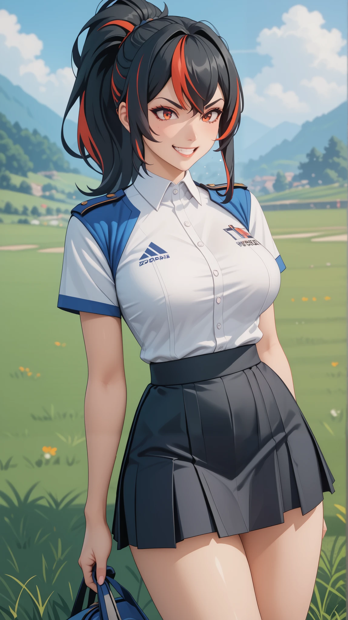 Masterpiece, extremely detailed,4k,solo, 1girl, Zhu yuan,Smile, Tsundere, ponytail streaked hair, blussesh cheeks, long hair,full body ,perfect slim body ,long legs,arms behind back,perfect slim body, very large breasts,white tshirt,Short sleevee, ((Black span skirt)), cowboy shoot,((grass)), Front look, ((looking at viewers))