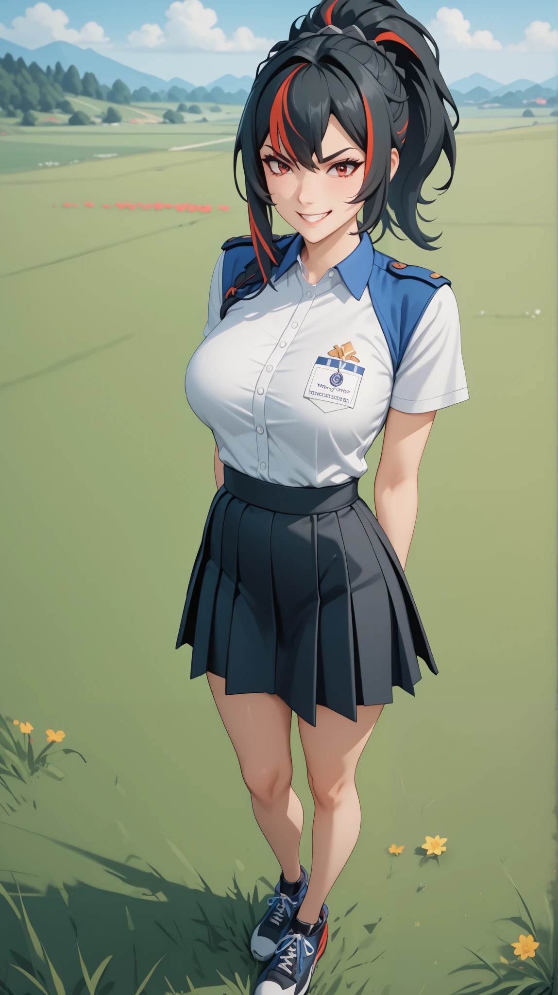 Masterpiece, extremely detailed,4k,solo, 1girl, Zhu yuan,Smile, Tsundere,  ponytail streaked hair, blussesh cheeks, long hair,full body ,perfect slim body ,long legs,arms behind back,perfect slim body, very large breasts,white tshirt,Short sleevee,  ((Black span skirt)), cowboy shoot,((grass)), Front look, ((looking at viewers)) 
