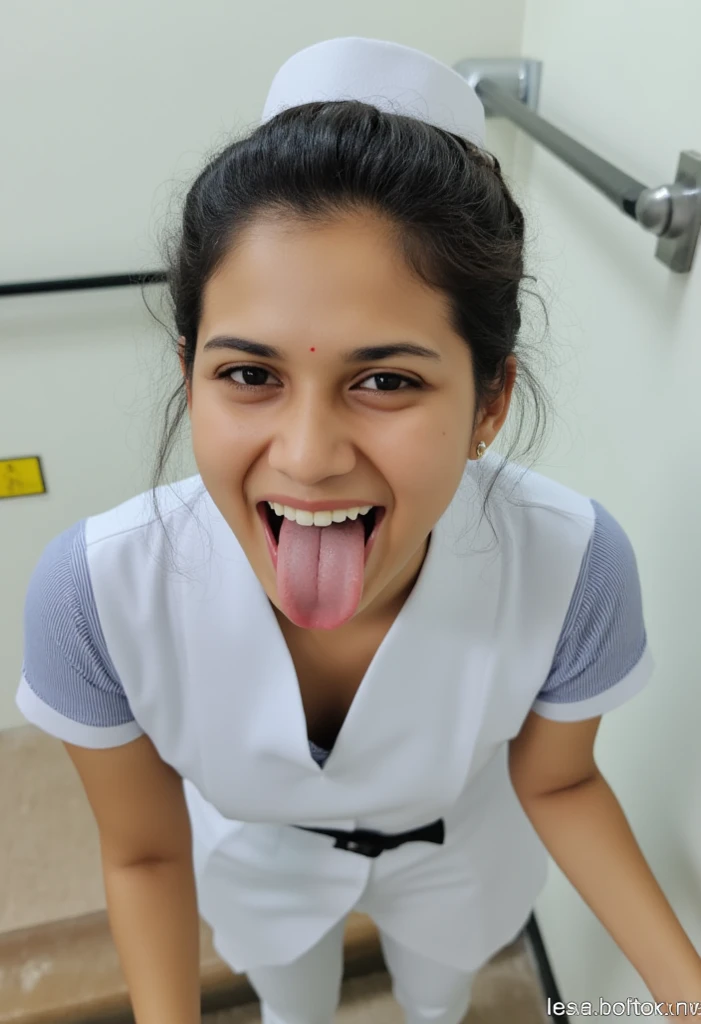 Amateur photography selfie of a Sri Lankan 25years old nurse with open mouth and [uvula|tongue|uvula], [laughing|yawning|laughing], looking eyes at camera, wearing a white nursing uniforme. She has hair bun, nursing cap, black belt, wearing long socks and shoes, kneel down in hospital washroom, pose like she is getting ready to give a blowjob to viewer, ultra high quality, very detailed skin (skin pores, blemishes, tiny freckles [and moles]) [tastebuds on tongue] [:perfect eyes:0.24] 