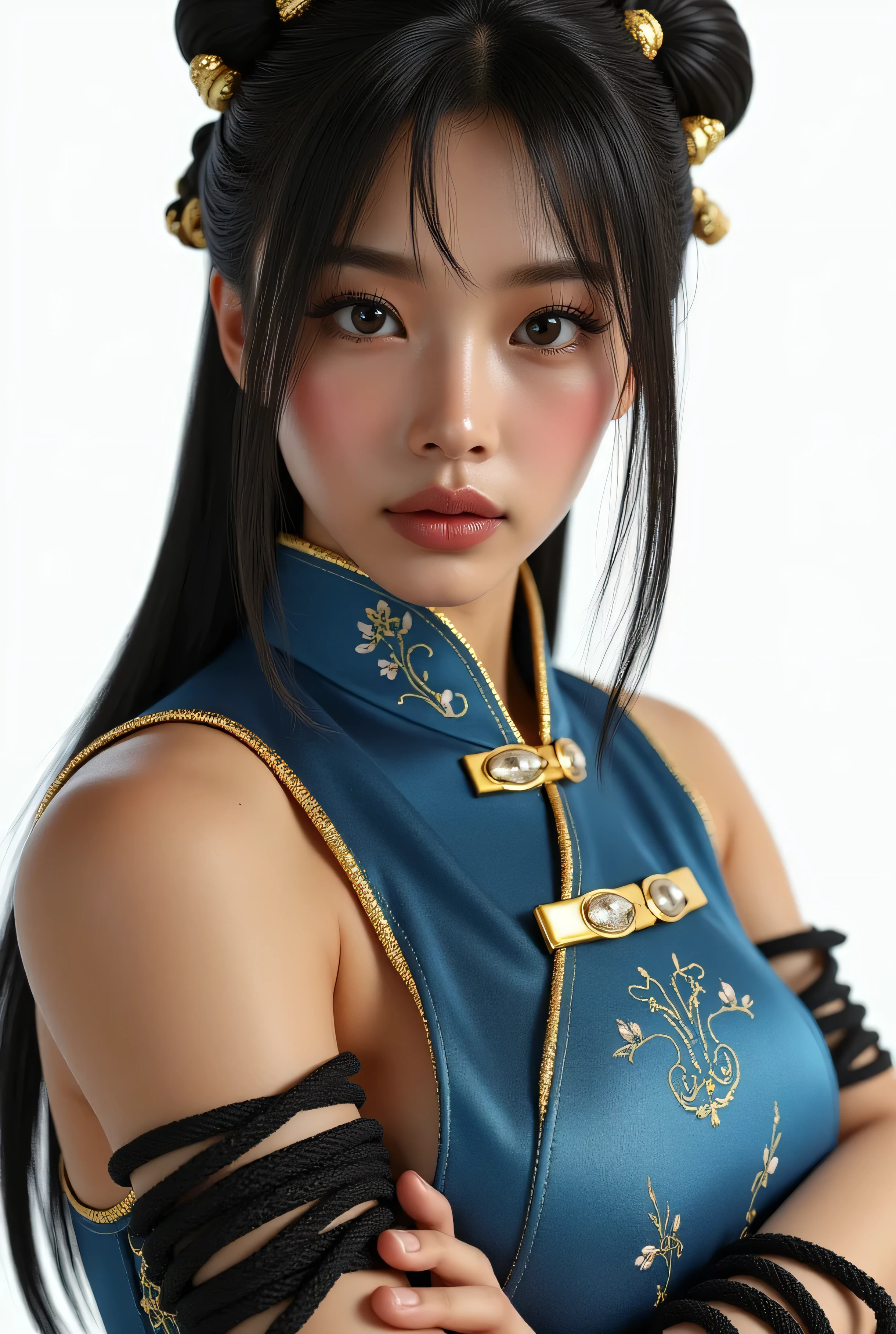A stunning 8K RAW image captures a mesmerizing 近い-up of a ((Bondage))、((Hanging by a rope:1.3))、((Tied up:1.3)), Chun-Li from Street Fight II,perfect chun li costume,Blue cheongsam with gold lines,Bun head,bun cover,fighting pose,masterpiece、1 beautiful girl、fine eyes、puffy eyes、highest quality, 超High resolution, (reality: 1.4), movie lighting、Japanese、 Asian Beauty 、Korean、super beautiful、beautiful skin、body facing forward、close up of face、( super realistic)、(High resolution)、(8k)、(very detailed)、(Beautifully Fine Eyes)、(Super detailed)、 (wall-)、detailed face、bright lighting、 1girl , twin tails, purple hair, purple eyes, china dress, bedroom, gigantic breasts, arms behind back, shiny smile, nipples,Confident against a pure white background々Vibrant studio portrait of an attractive female model standing on. The soft studio lighting illuminates her shiny hair., Highlight her diamond-like eyes. Her enchanting black twin tails、Frames her breathtakingly large breasts、Adorned with shiny metallic accents、The style is larger than life.。. A bright pleated dress in sparkling winter hues swirls around her , Attracts focus : Her shining oversized bust.