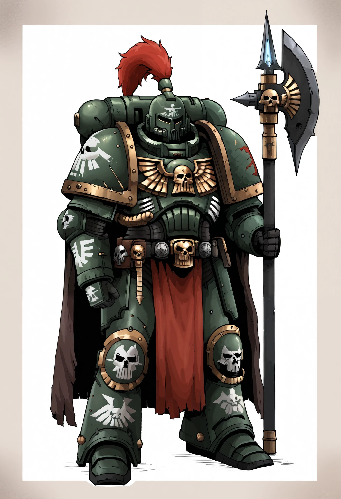 Anime, Concept art, Absurd resolution, high resolution, (masterpiece: 1.4), hyper-detail, warhammer 40k terminator armor, Juggernaut armor, heavy armor, knight, full body, glowing weapon, cloak, armor, trimmings, edgy, grimdark, octosoup, 1man, bulky, buff, plume, loin cloth, primaris helmet, reference sheet, iron halo, DarkA40k, full shot, Holding_Halberd_V1, Dark green power armor,