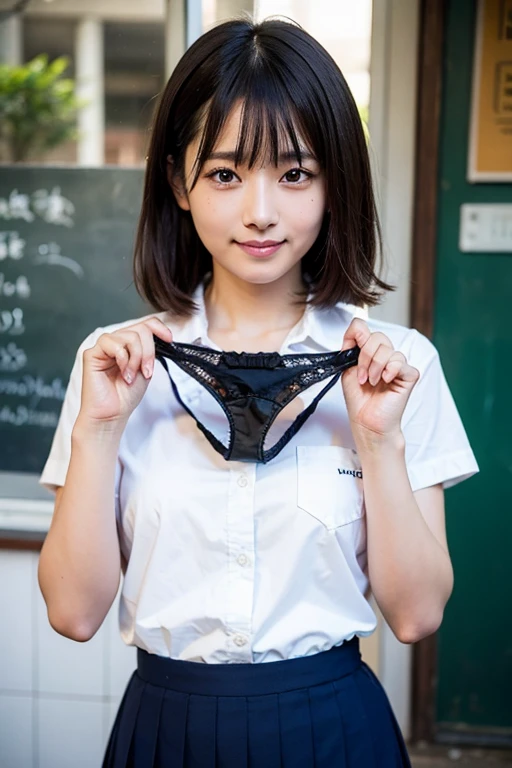 (absurdres:1.3),8K,(detailed photograph:1.5),(detailed face and skin:1.3),(ultra high res:1.5),(photorealistic:1.5),symmetric clear eyes,well-groomed face,(ray tracing:1.3) ,1girl, Japanese,high school girl,(wearing Japanese high school uniform:1.3),(navy high school uniform:1.3), BREAK (presenting panties),(detailed pink silk panties:1.1),masterpiece, best quality, highly detailed,classroom,Black short bowl cut hair blunt bangs,focus panty,cinematic lighting,(blushing:1.3),(Stain on panties:1.4),