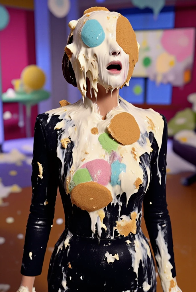 TV game show , short hair, girl , full body shot,suit,GREEN CREAM , BLUE CREAM , CHOCOLATE CREAM, strawberry ice cream,My whole body is covered in pie, completely covered in pie from head to toe