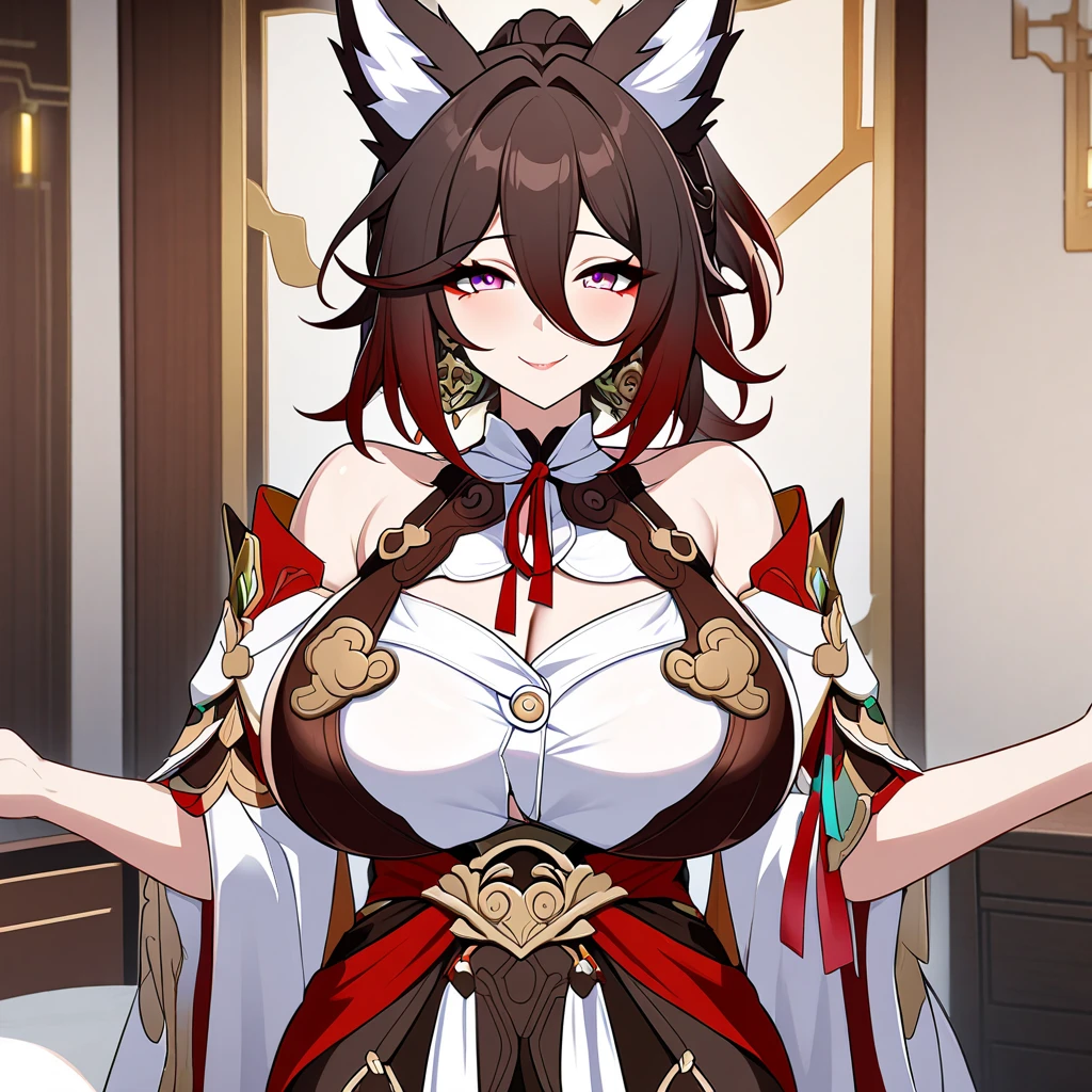 Tingyun(Honkai: Star Rail),1girl,solo,fox ears,super huge breasts,looking at viewer,near,standing up,in room, breast lacting