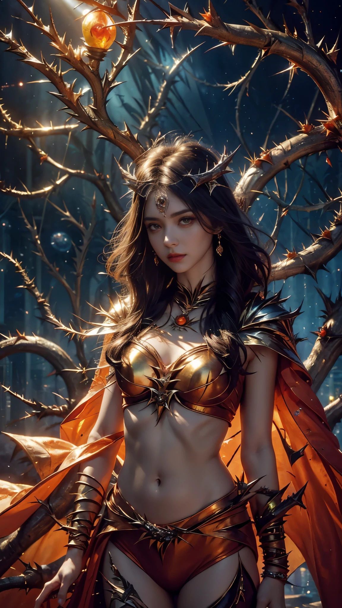 4K, Ultra HD, Masterpiece, 1 girl, (good face:1.4), sharp eyes, very long hair, thorny outfit, (thorn shining outfit:1.8), ((metal orange outfit)), ((thorn nappies:1.5)), ((metal orange cape)), ((navel)), ((jwellery:1.5)), (light night:1.5), ((bloom)), Detailed fantasy art, Stunning Character Art, extremely Detailed, Exquisite Intricate Headdress, perfect body, looking directly at the audience, cinematic pose, ((upper body)),