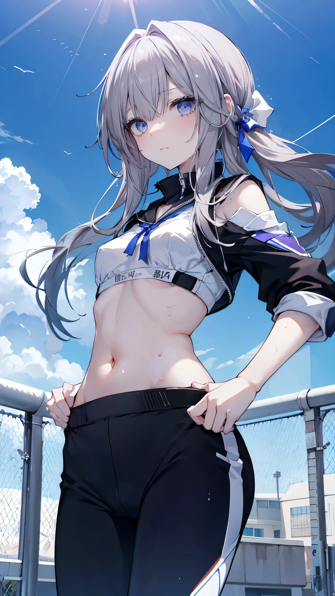  best quality 、、(Whitening skin)、,Petite、 slender, sports bra,Sports pants,,belly button, small breasts, slender, sweaty, Running,blue sky,dash