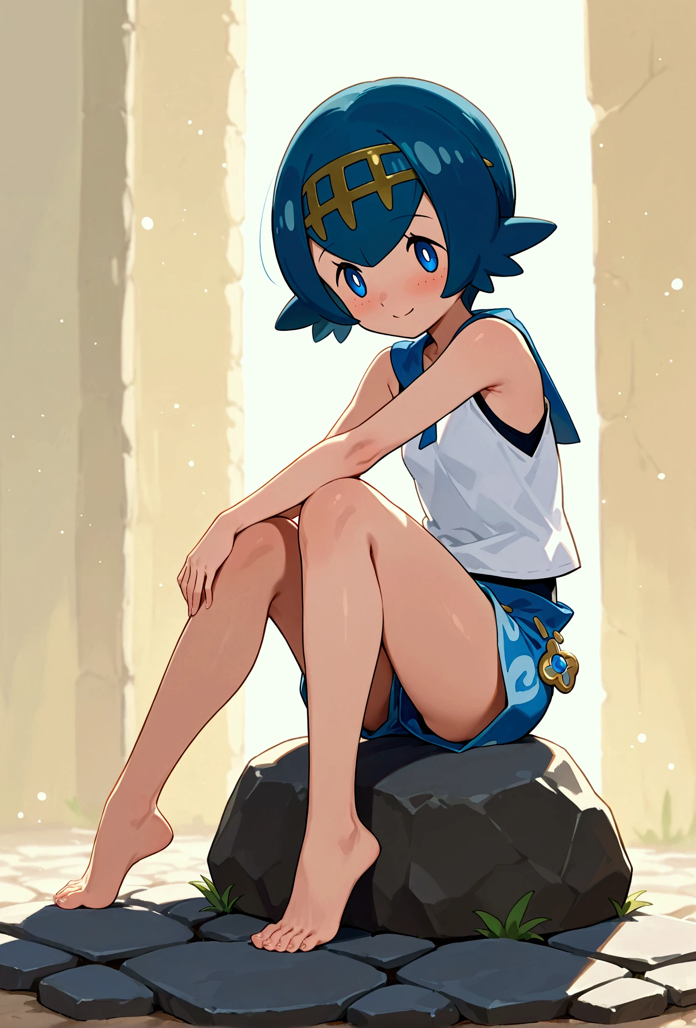 Pokemon Lana　barefoot　sitting on stone　barefootを近づける。