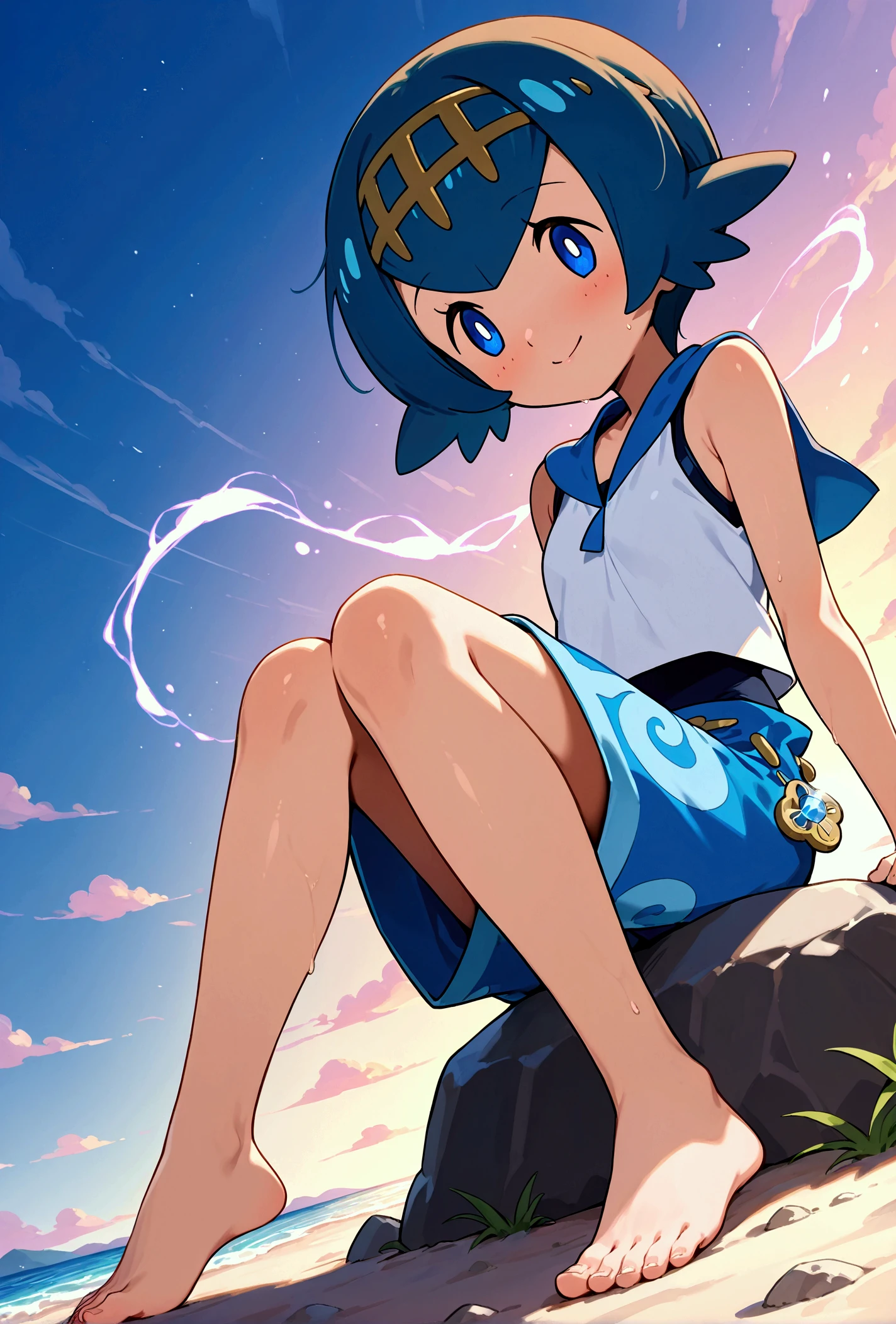 Pokemon Lana　barefoot　sitting on stone　barefootを近づける。