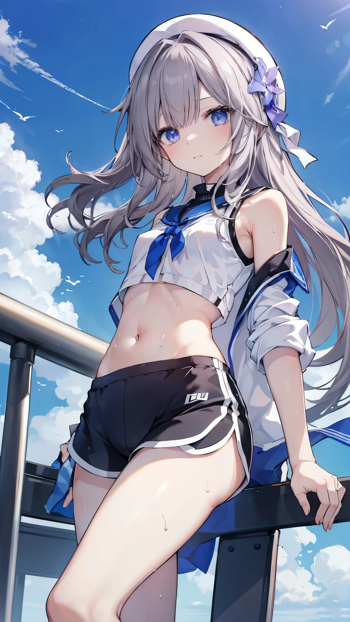 best quality 、、(Whitening skin)、,Petite、 slender, sports bra,Sports pants,,belly button, small breasts, slender, sweaty, Running,blue sky,dash