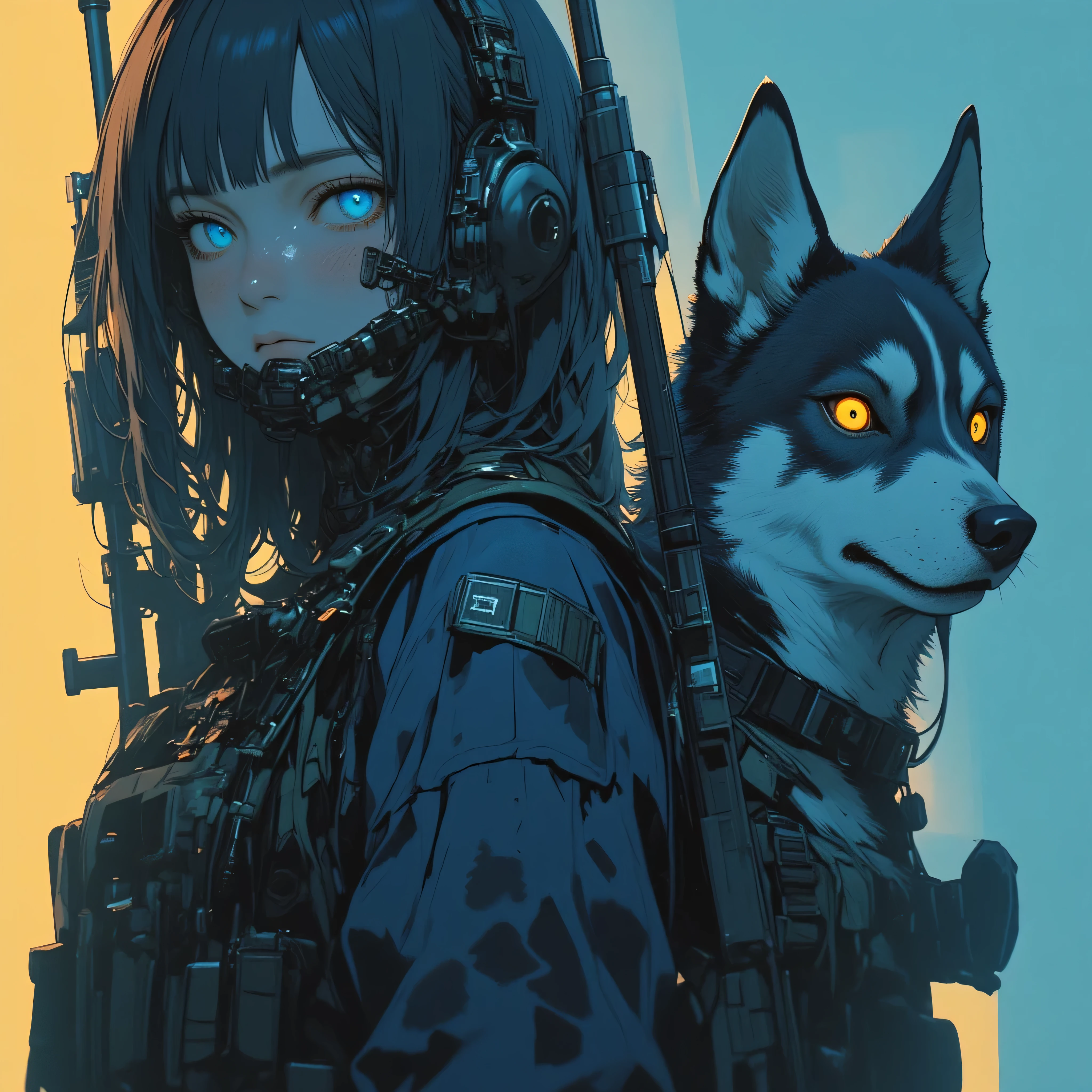 overview ,a splendid young girl in special tactical force outfit accompanied by a Siberian husky with blue and yellow eyes break / description: the young girl has a tactical vest, as well as an assault rifle that she points at the viewer, the Siberian husky has a Tactical Dog Harness (military) break / description: his posture indicates that he is about to attack, he also wears tactical goggles military dog, break / intervention force, seal, special unit break / masterpiece, best quality, lighting, fast shutter speed, very realistic hands, anatomically accurate representation, Unique, 8k, implies absurd,  attractions, (highly detailed説明), (Cute look like a professional ), (bright colors), (portrait), (soft lighting), (high resolution)
