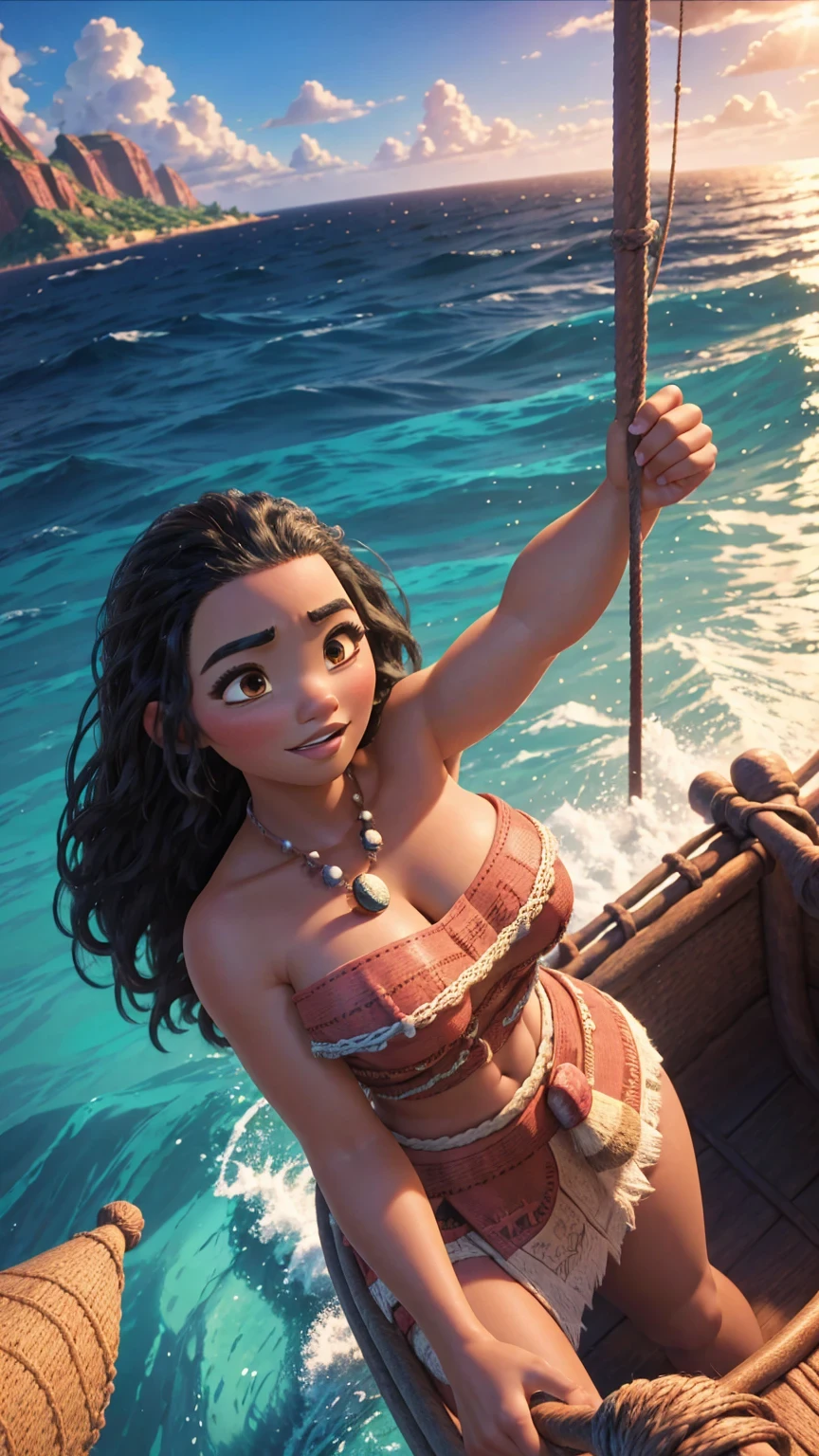 A disney character Moana, sailing on a boat, dynamic pose, Moana as adult, 30 years old, huge breasts, wide hips, tall, adult