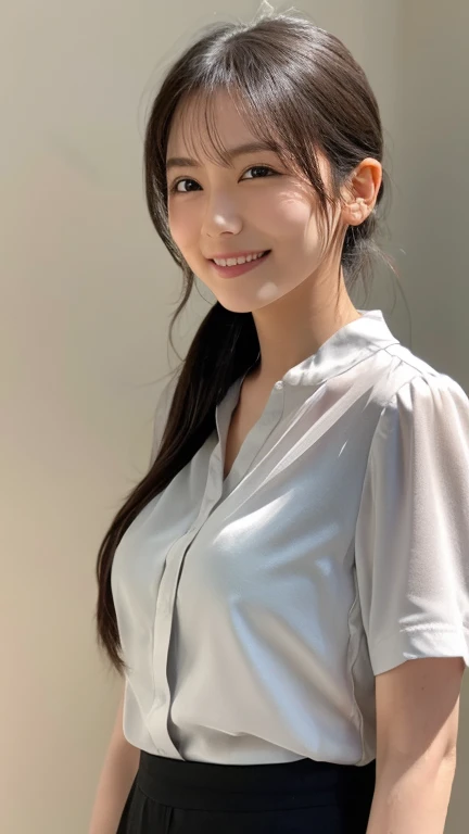 One girl,(Wearing a v-neck sleeveless top),( Sheer blouse),(RAW Photos, Highest quality), (Realistic, photo-Realistic:1.4), masterpiece, Very delicate and beautiful, Very detailed, 2k wallpaper, wonderful, In detail, Very detailed CG unity 8k wallpaper, Very detailed, High resolution, Soft Light, Beautiful detailed girl, Very detailed eyes and face, Beautifully detailed nose, Beautiful attention to detail,Cinema Lighting,Clear blue sky,coastline,The cape is visible in the distance,Perfect Anatomy,Slender body,smile