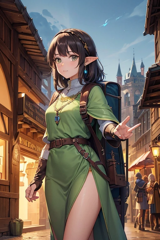 Anime Style,Detailed background,Magical World,People on the balcony,Bard Elf,Large Breasts,Protruding buttocks