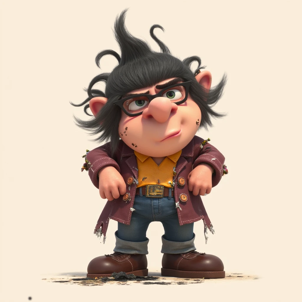 A gnome with messy hair, crooked glasses and clothes covered in burns.