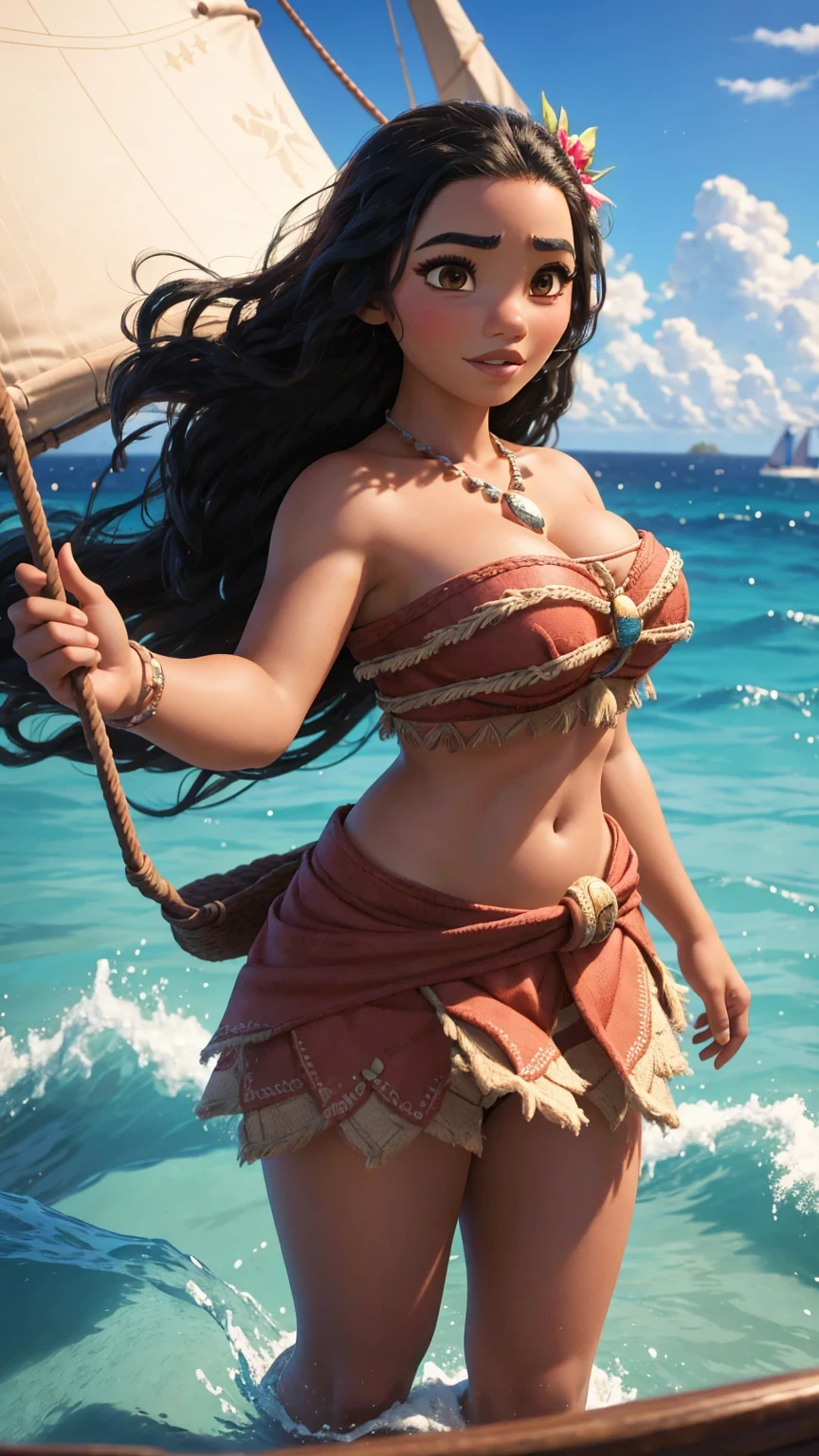 A disney character Moana, sailing on a boat, dynamic pose, Moana as adult, 30 years old, huge breasts, wide hips, tall, adult, cleavage, huge breasts, perfect face and body