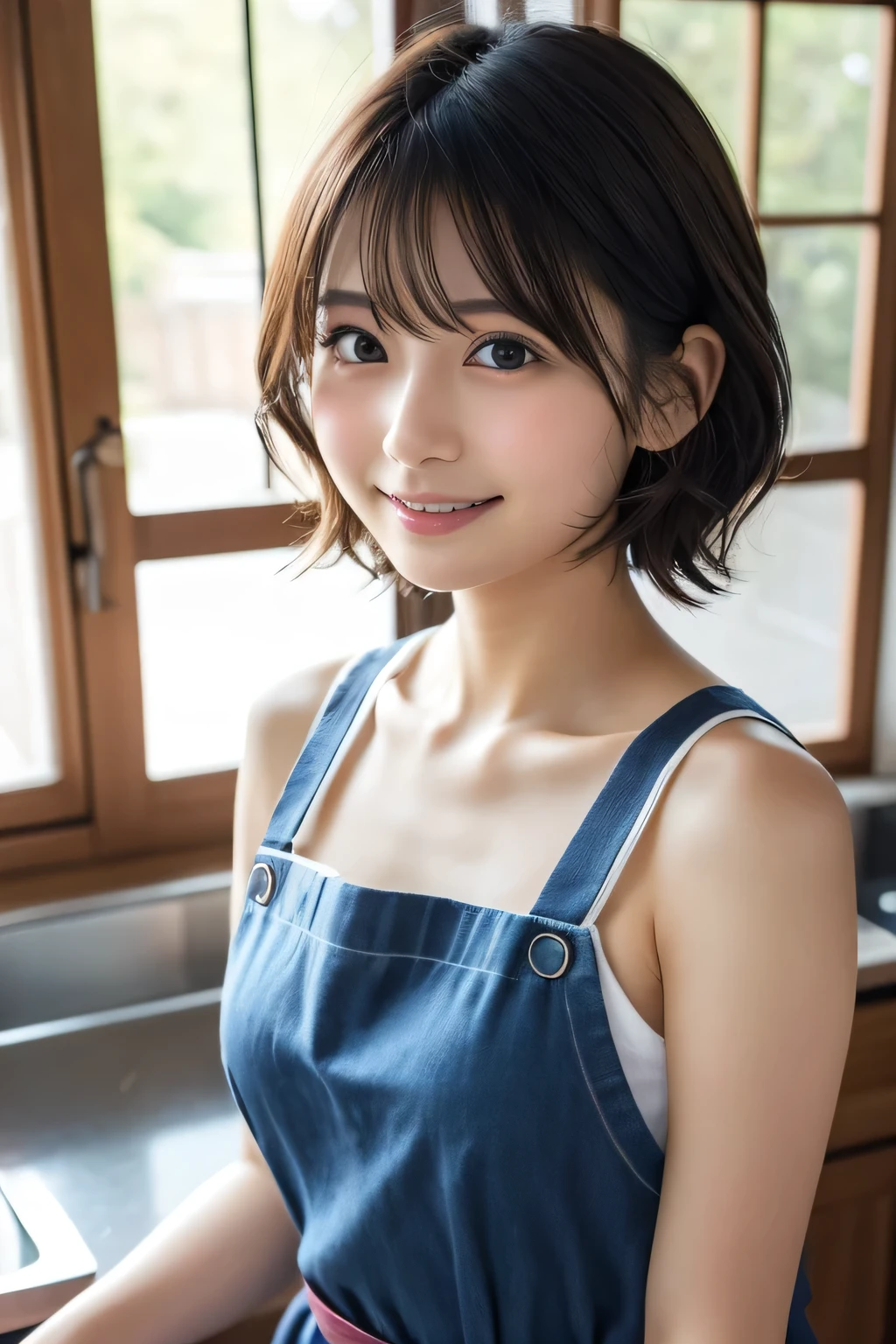 masterpiece、1 cute girl、(Apron appearance、kitchen:1.3)、detailed eye、puffy eyes、highest quality, 超High resolution, (reality: 1.4), movie lighting、asian beauty、Japanese、super beautiful、beautiful skin、thin、healthy beauty、(thigh height:1.2)、body facing forward、(超reality的な)、(High resolution)、(8k)、(very detailed)、(beautiful detailed eye)、(Super detailed)、 detailed face、bright lighting、professional lighting、looking at the viewer、look straight ahead、slanted bangs、short cut bob、18-year-old、(big ,cleavage)
