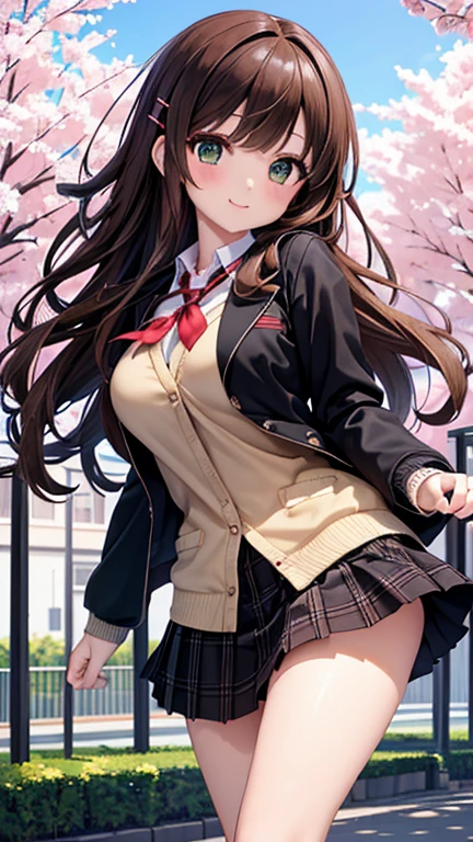 ((table top, highest quality, High resolution, nffsw, perfect pixel, 4K, nffsw, nffsw))), 1 girl, single, alone, beautiful woman、I could see the whole body、 ((middle wavy hair, bangs, brown hair)), ((brown eyes, beautiful eyelashes, realistic eyes)), ((detailed face, blush:1.2)), ((smooth texture:0.75, realistic texture:0.65, realistic:1.1, Anime CG style)), medium breasts, dynamic angle, perfect body, ((red bow tie, school uniform, black jacket, open jacket, Brown cardigan, white shirt, black skirt, plaid skirt)), City staircase、Angle looking up from the bottom of the stairs、Very embarrassing panic smile, looked back、leaning forward、(The wind flipped my skirt and exposed my butt...................、Touching the buttocks with both hands、Light blue floral lace panties)、