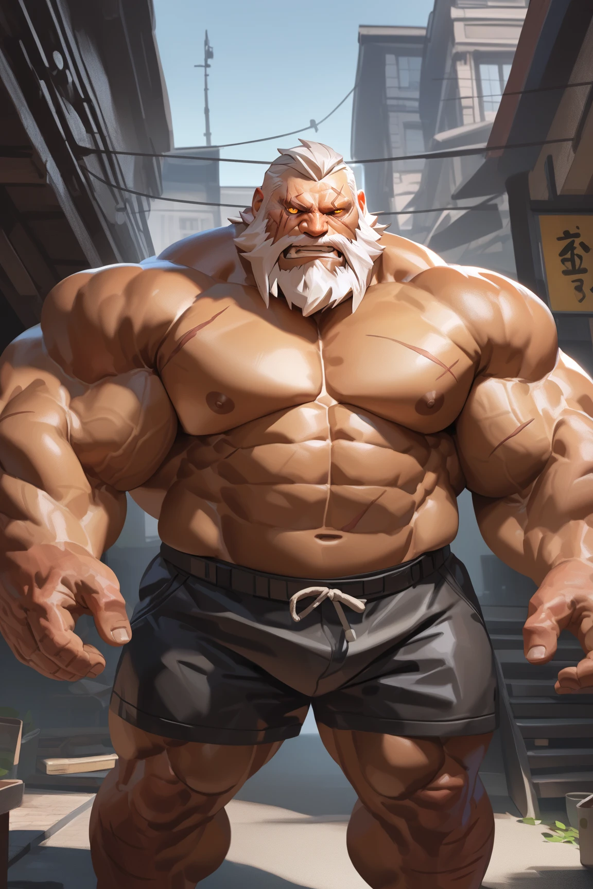 1boy, 1man, solo, gigantic, hyper detailed, (topless, shirtless, shorts), well-muscled old man, bearded. ((extremely huge muscular, massive muscular, extremely muscle size, super thick arms, huge pec, hyper pec, bigger chest, extremely wide pectoral , huge arms)), wide smiling. Add textures and details to make the image more realistic, such as the appearance of the. Make sure the resulting image is high resolution, 8K quality