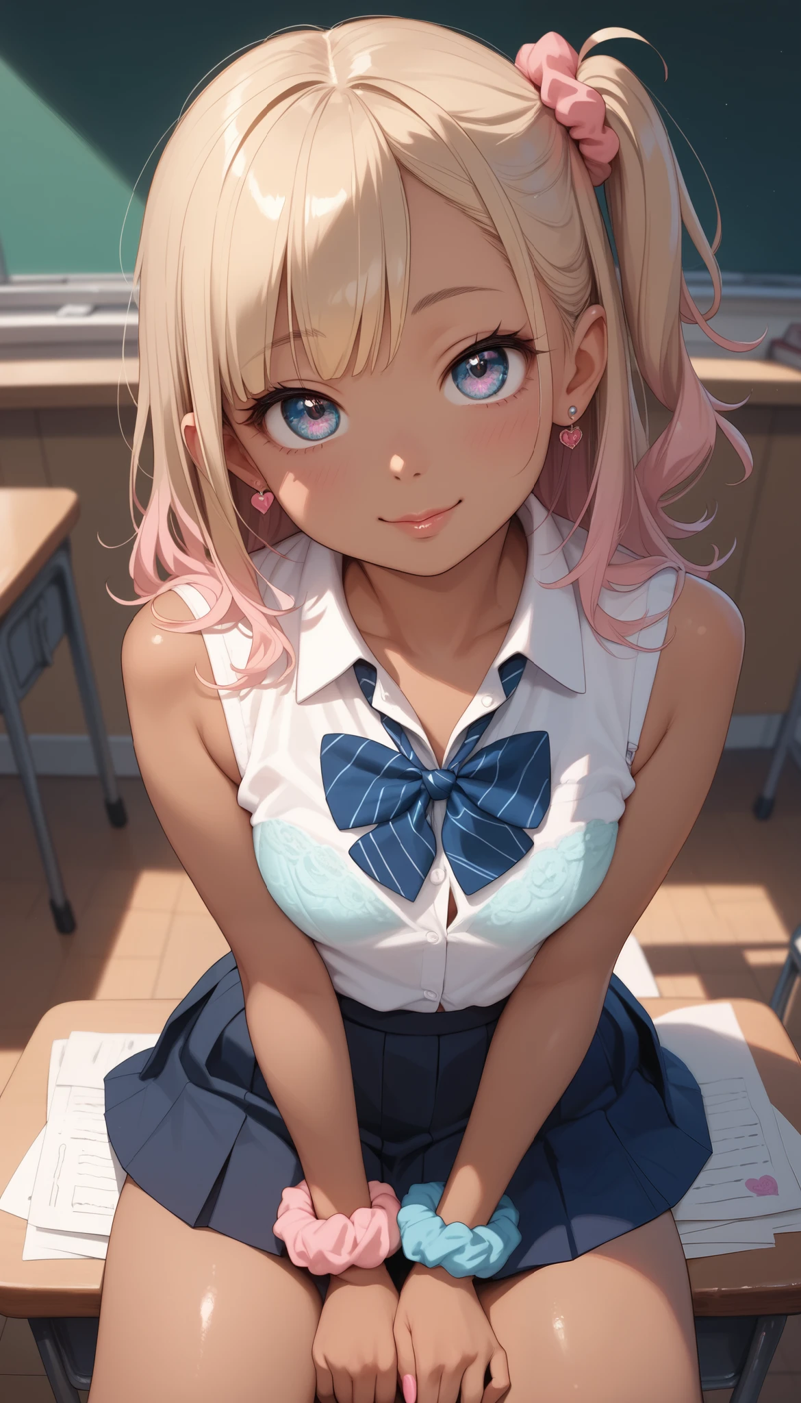 adorable girl,scrunchie , side up  , school uniform,(lustful eyes, :0.9),  (seduce:0.9), (sadistic smile:0.5), sleeveless, , (dark skin, looking up at viewer:1)  ,  sitting,  kuro gyaru, bra