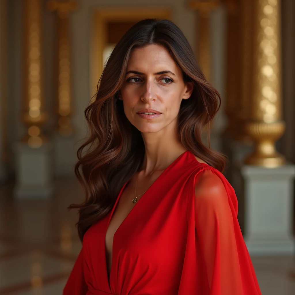 The image shows a beautiful 40-year-old woman with tanned white skin and brown hair, wearing a red blouse, looking at something in the air, woman's face looking off camera, looking to the side off camera, thoughtful and hopeful expression, profile image, in front of an orange background, looking away, a masterpiece of art, with a figure in the background. She is wearing a red blouse.
She is about 40 years old, 165 cm tall and weighs 56 kg. Woman with tanned white skin and dark brown hair. Slim body, thin waist. Highly realistic skin, very elaborate and perfect face. She has a perfect mouth, a perfect face. Slim body, thin waist. Highly realistic, hyperrealism, highly worked skin, perfect face. Sharp photo, high resolution, high quality, masterpiece, 16K photo, high contrast, ((Masterpiece, best quality)), full body view, detailed skin, highly detailed, cinematic lighting, ultra realistic, dark brown hair, medium hair, portrait, full body view, contrast, close-up, cinematic light, ultra high resolution, RAW.
Highly realistic, hyperrealism, highly crafted skin, sharp photo, high resolution, high quality, masterpiece, 16K photo, high contrast, masterpiece, nude, naked, NSFW.