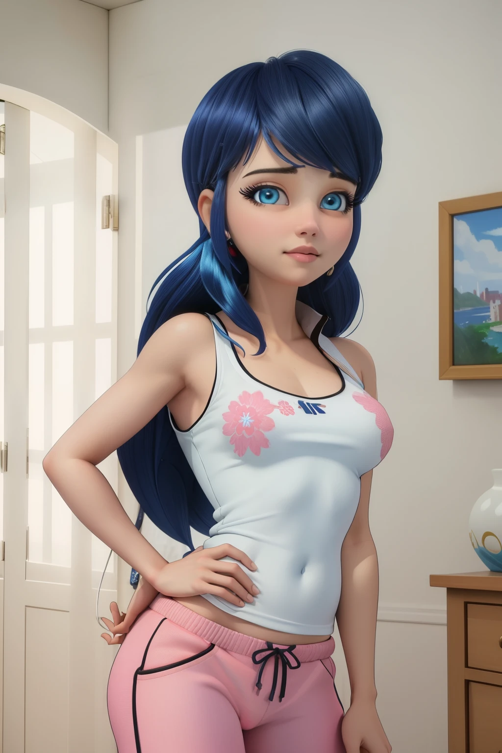 (8k, RAW photo, best quality, masterpiece:1.2), (intricate details), perfect eyes, perfect face, perfect lighting, beautiful, (masterpiece:1.2), (best quality:1.2), 1girl, solo, marinette, blue hair, long hair down, adult torso, , slight smile, medium sized breasts, white sleeveless shirt, pink sweatpants