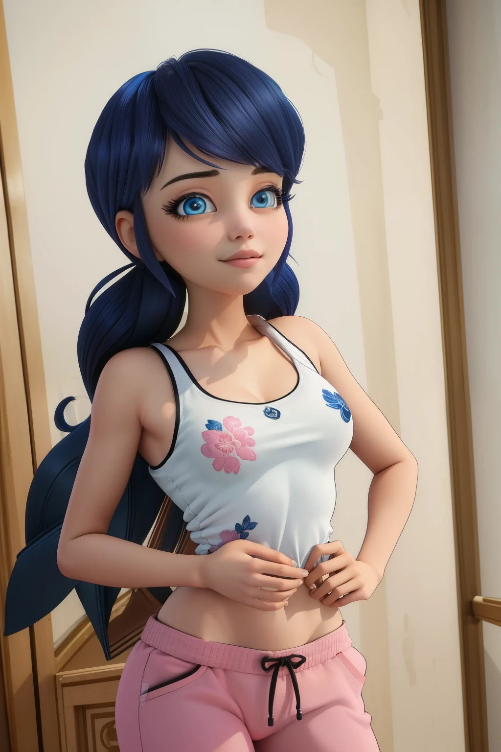 (8k, RAW photo, best quality, masterpiece:1.2), (intricate details), perfect eyes, perfect face, perfect lighting, beautiful, (masterpiece:1.2), (best quality:1.2), 1girl, solo, marinette, blue hair, long hair down, adult torso, , slight smile, medium sized breasts, white sleeveless shirt, pink sweatpants