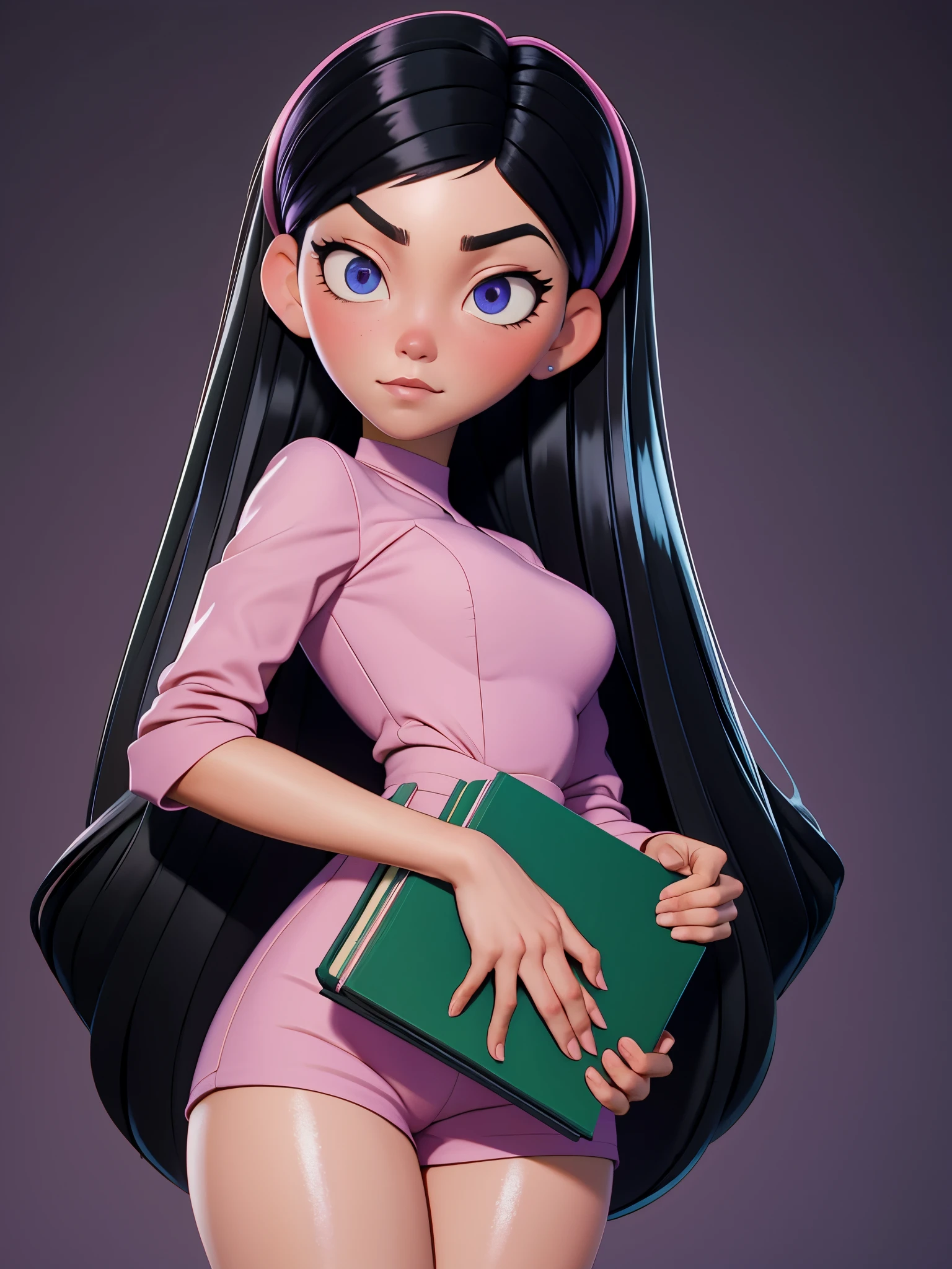 (best quality:1.4),(shiny skin), body focus, (cute face), (((best quality))), illustration, ((Beautiful Finger)), , Beautiful body, Beautiful character design, ,perfect lighting, Colorful, Bright_Front_face_Lighting, ultra high res, highres, absurdres:1.2, bokeh:1.2, lens flare, (vibrant_color:1.2), (Beautiful, medium breasts:1.2), (thick thighs:1.1), THICK,
holding green folder or book, small nose, long black hair with pink hair clip, purple shirt, looking sideways, pink blush on cheeks, large blue eyes, white left eye with black pupil visible