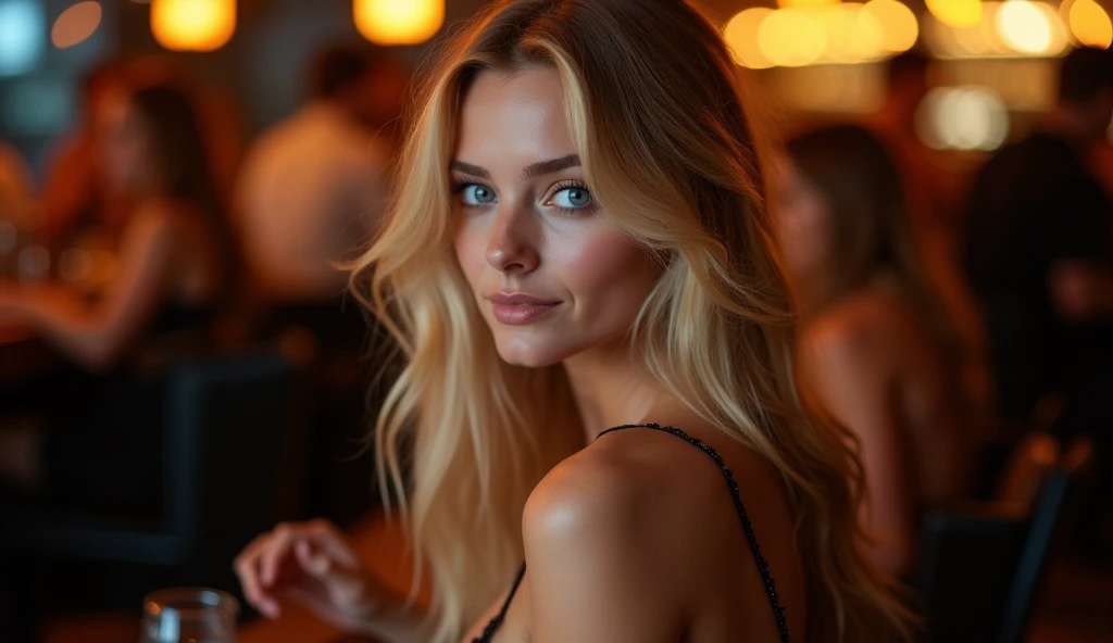 photoshoot of a model(full body), (wide shot), natural light, professional, (4k photo:1.1) (Sharp focus:1.3), high detail, beautiful detailed face, hazel eyes, long blonde hair, (attractive young woman:1.3), (seductive:1.1), (blushing:1.1), hourglass body shape, one girl, In sexy black dress, (perched at a stylish bar during twilight).