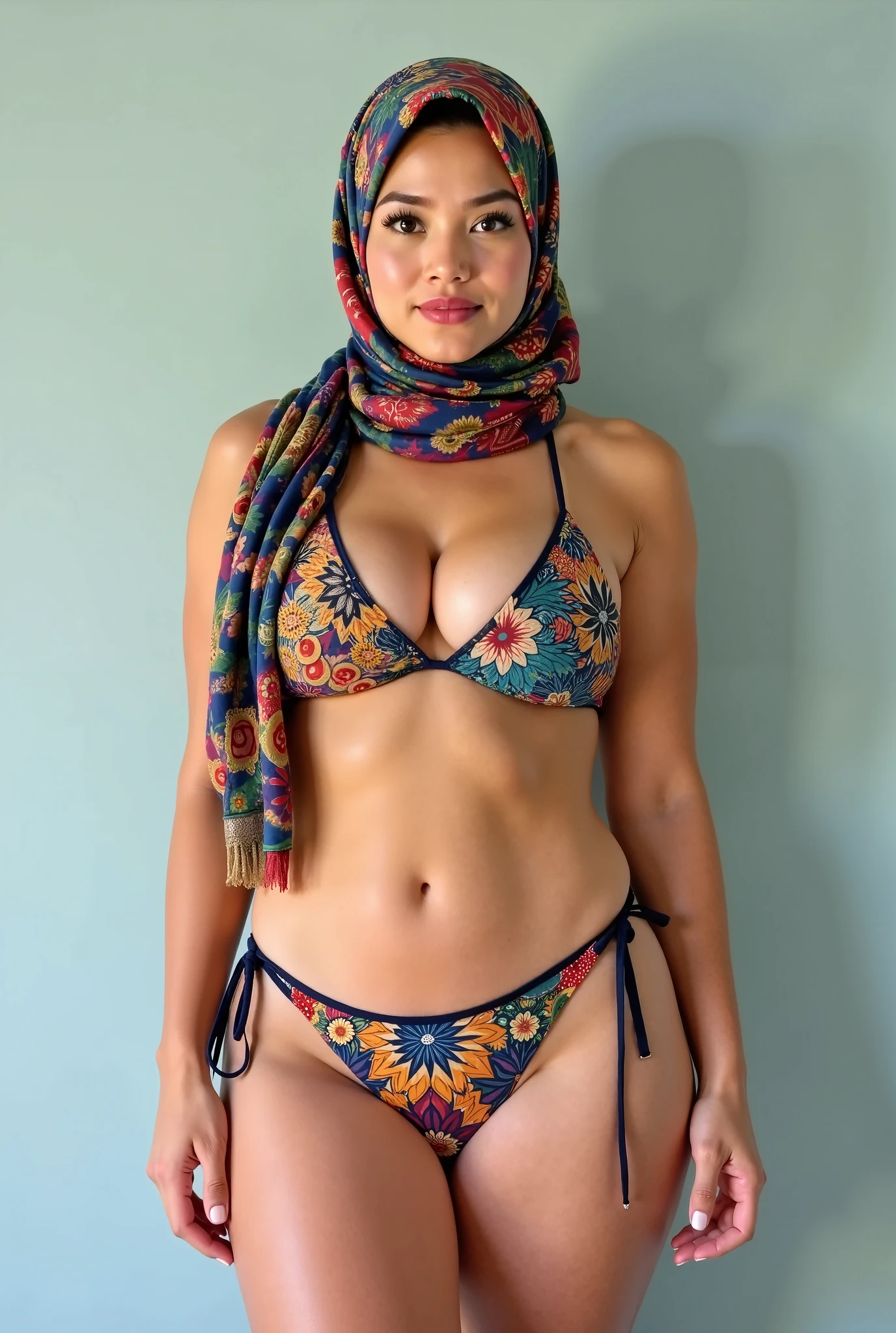 A 52 years old naked Indonesian woman in hijab, very dense pubic hair, dark skin, curvy body, short body, flat-chested, small breasts, villager, poor girl, wearing paisley pattern orange hijab, wearing paisley pattern orange long sleeve tight t-shirt, bottomless, wearing no pant, wearing no skirt, wearing no panties, smiling and standing in village, look to the viewer with eye close