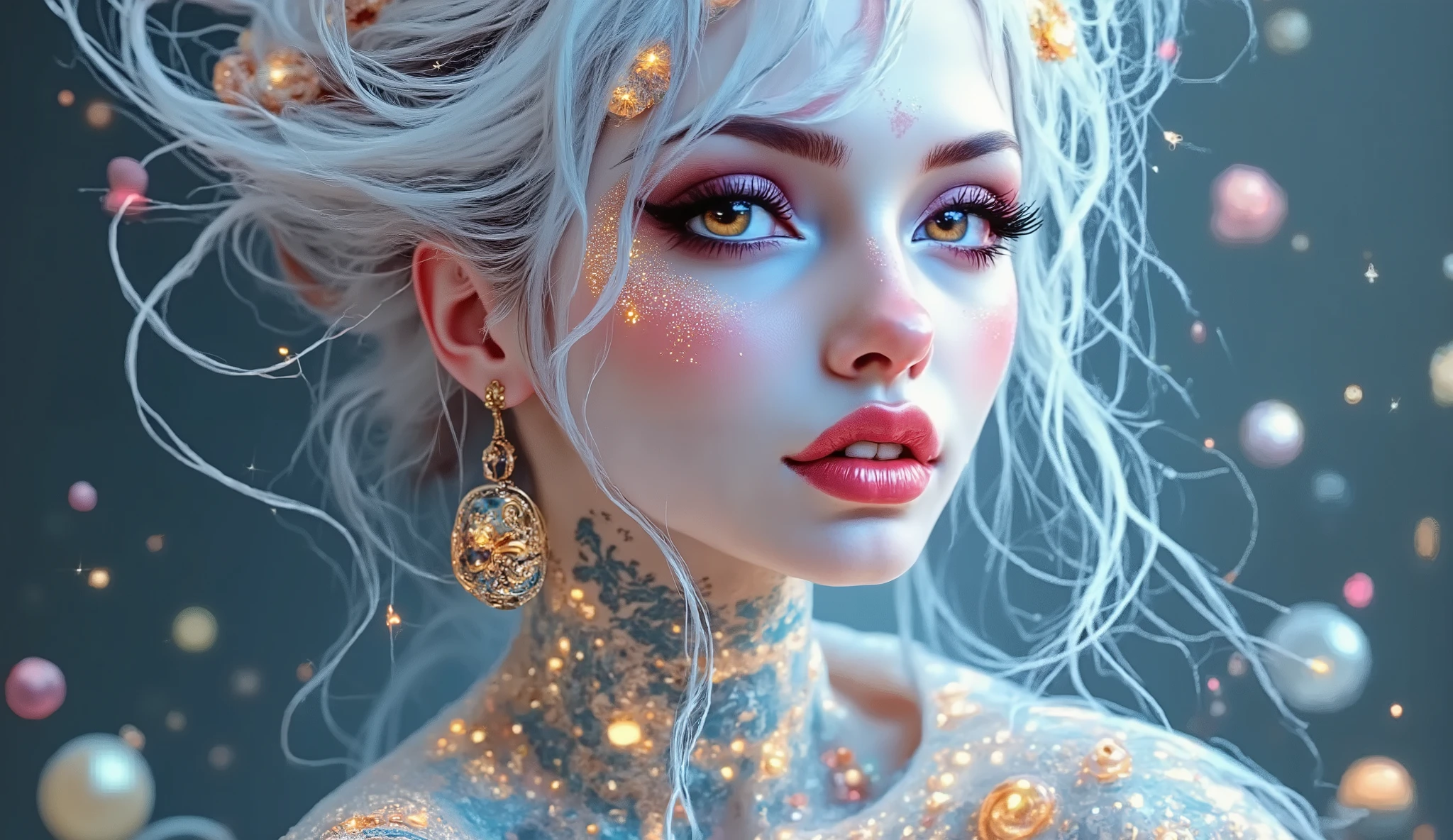 hyperdetailed, complex scene, installed in , intricate cyber architecture . Ukrainian comes from a peaceful race : are swirling , a long opaque dress in , , Every centimeter of the image is full of , Lots of lights . tiny drones , elements, , in a white opaque ethnic Ukrainian cyberdress . The level of detail is amazing , , Create sound and shape the world around you with your thoughts . girl FUN blonde : very long curly hair , headphones glow with thin lines , ( full length) Dressed: against the background of a futuristic night city ), glowing embroidery , patterns that demonstrate beauty and the complexity of this , will radiate an unreal glow , Your sensual curves will become almost transparent . His touch is electrifying. symbol (Ukraine) is a symbol of pure energy . Due to its innate connection to clean energy , But nothing is invincible, в соответствии с Ukraine. The fantastic cybercity of Kiev , живущей на планетах Ukraine, consisting of vast landscapes of rainbow crystals . They have the unique ability to connect with the energy of their planet ., can emit light, and the ground is covered with a mosaic of colored cyberhouses and crystals . Background - a futuristic cityscape , , Ultra-detailed ultra-realistic face and smooth movements create a sense of depth and realism {x} by forming super-complex patterns in the shape of a futuristic dress in the smallest sizes and top Camel toe brand , sophisticated and detailed style colorful and hyperdetailed flowing hair and wide hips radiate elegance. breathtaking patterns , , vehicles in bright colors , from a girl . The image is a fascinating combination of fashion photography . creating a rich and exciting visual experience , 3D render , patterns, Ukrainian ethnic style shines with , an exciting character . living on planets Ukraine ( Her dress skin creates tattoo patterns )