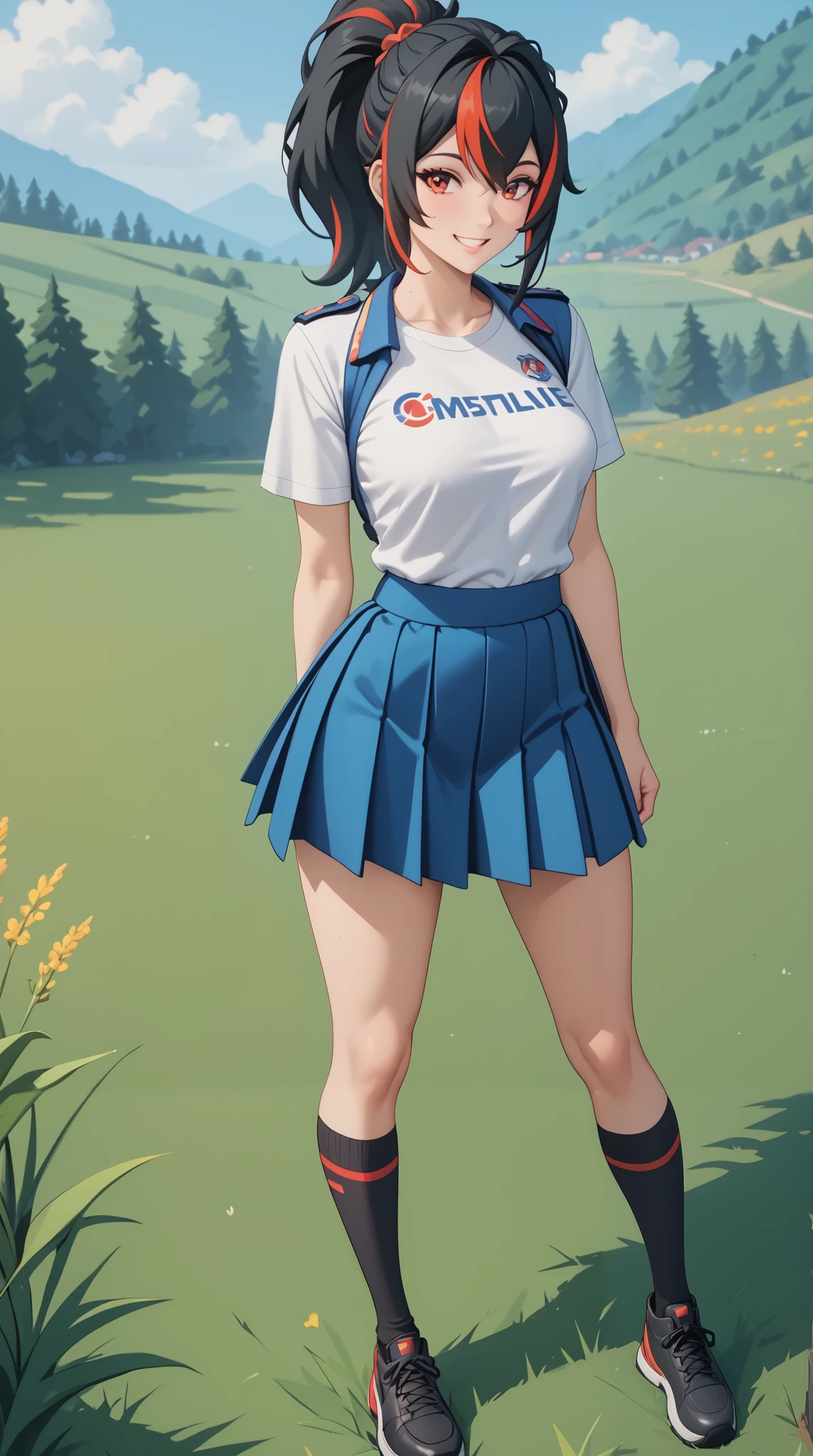 Masterpiece, extremely detailed,4k,solo, 1girl, Zhu yuan, cute smile, ponytail streaked hair, blussesh cheeks, long hair,full body ,perfect slim body ,long legs,arms behind back,perfect slim body, very large breasts,white tshirt,Short sleevee, ((hot slimfit skirt)), cowboy shoot,((grass)), Front look, ((looking at viewers))