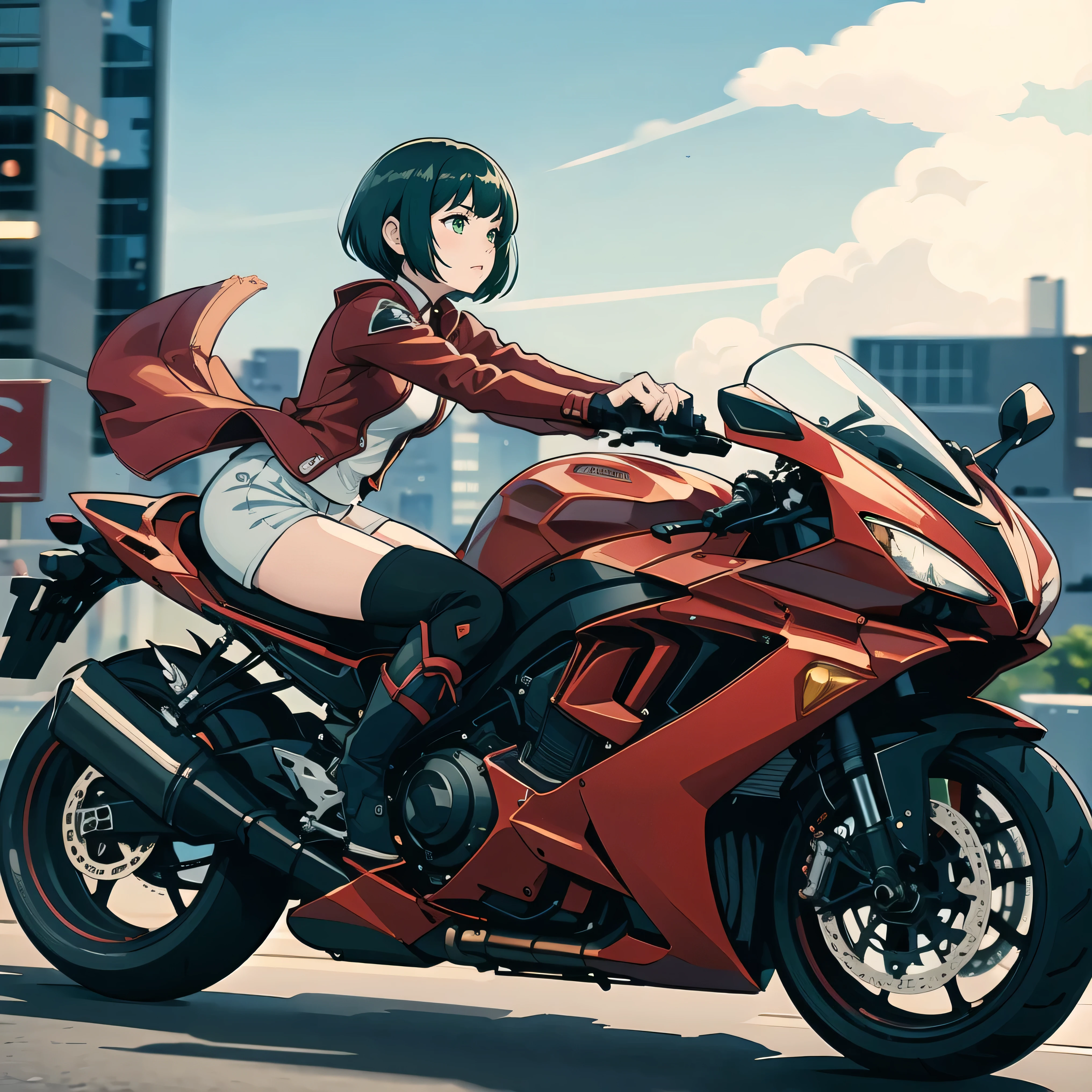 best quality, masterpiece, highres, 1girl, solo, solo focus, blue bodysuit, red bodice, black boots, black leather jacket, fingerless gloves, black hair, short hair, wavy hair, hazel eyes, beautiful detailed eyes, beautiful detailed face, (perfect hands), perfect anatomy, perfect proportions, medium breasts, helmet, mecha, (motorcycle, on motorcycle, sitting on motorcycle, riding on motorcycle), vehicle focus, New York street backdrop, night noir atmosphere)