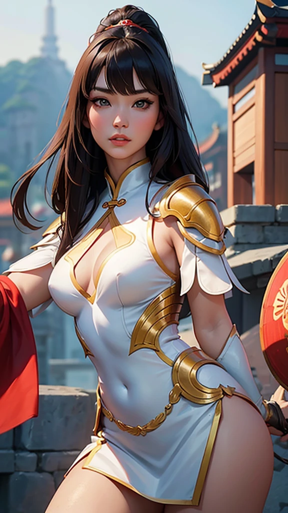 Official Art, Unity 8k wallpaper, ultra detail, masterpiece, best quality, one woman, (very detailed),(RAW photo, best quality), (realistic, photorealistic:1.3), high definition, open mouth wide, ultra-detailed complex 3D rendering of face, (big breasts: 8.8), (highly detailed skin: 1.2), (exposure: 1.1), Beautiful Caucasian woman with full soft breasts and white skin with big ass (topless), breasts, long gray hair, brown eyes, long hair, (translucent white dress), dynamic angle, mystical expression, fire glow effect, fantasy background, rim lighting, side light, cinematic light, ultra high definition, 8k, film grain,best shadow, light particles, detailed skin texture, Detailed gem armor texture, detailed face, intricate detail, super detailed, bright, strong, gold armor, cleavage, have glowing weapon, have shield, pole dron, (()), glowing eyes, long red cloak, fantasy, (realistic),